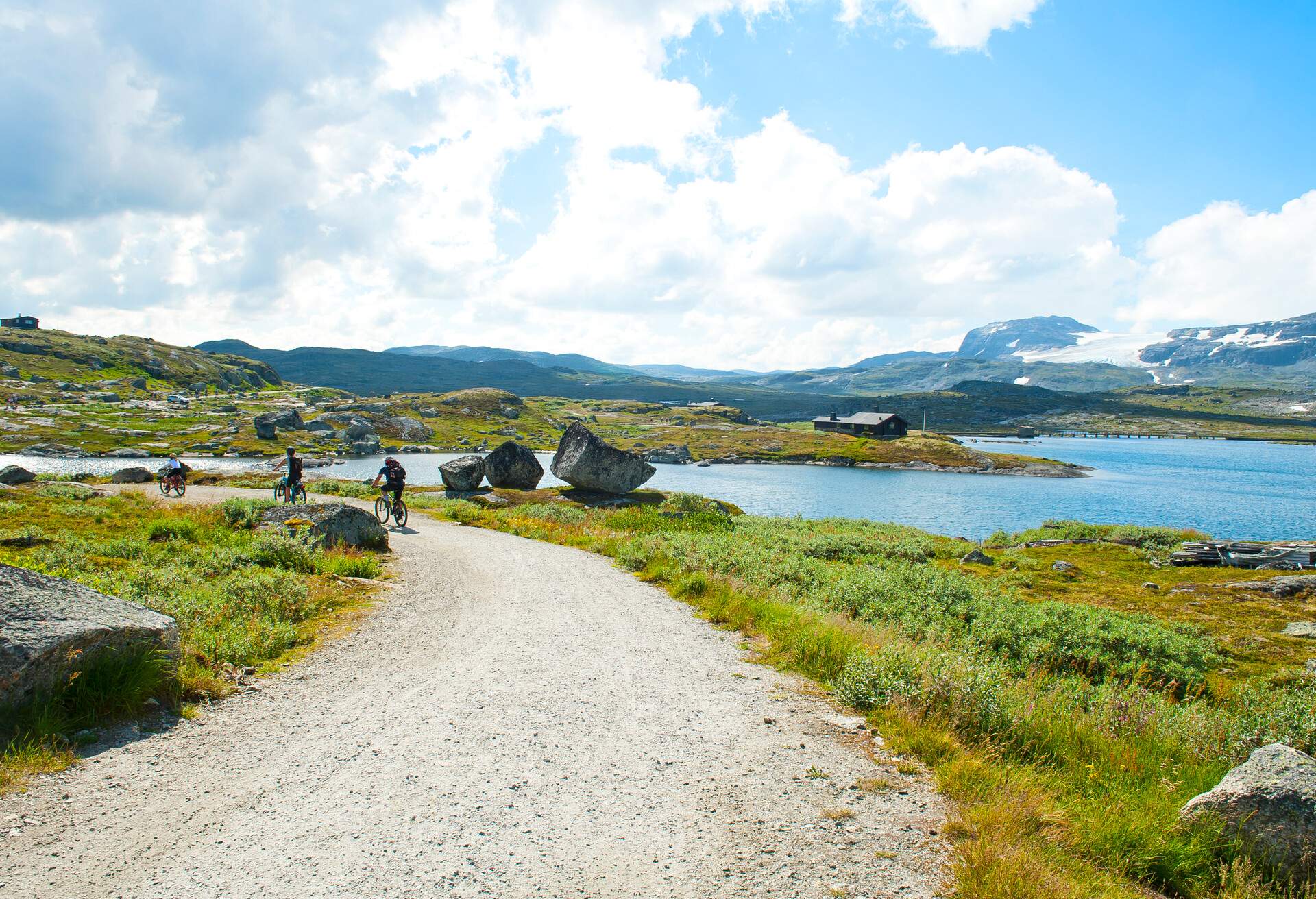 Tourists biking and beautiful landscape in Finse, Norway, on July 28 2019