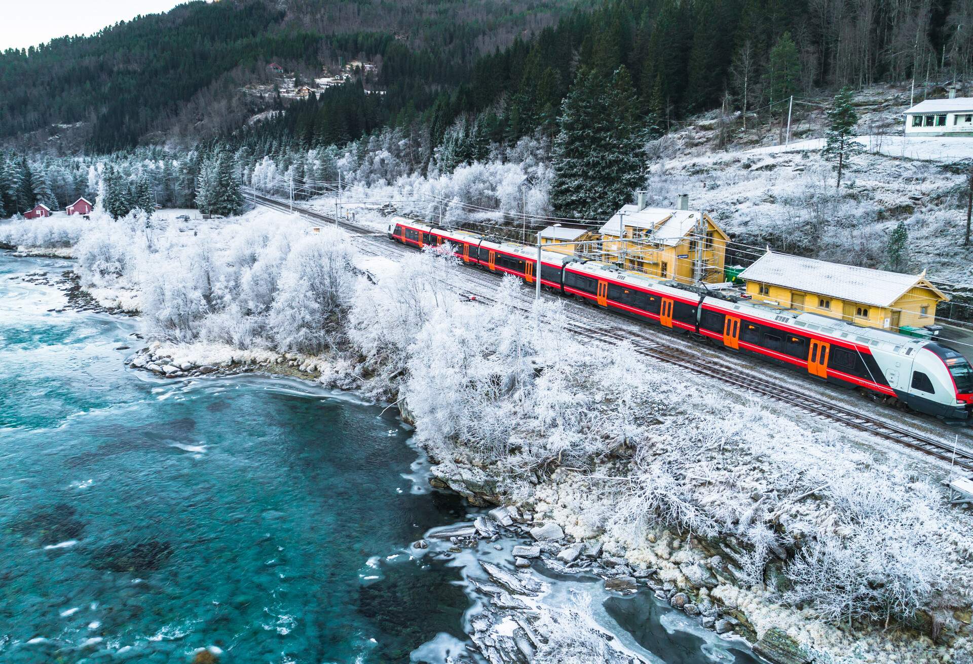 Train Oslo - Bergen in mountains. Hordaland, Norway.