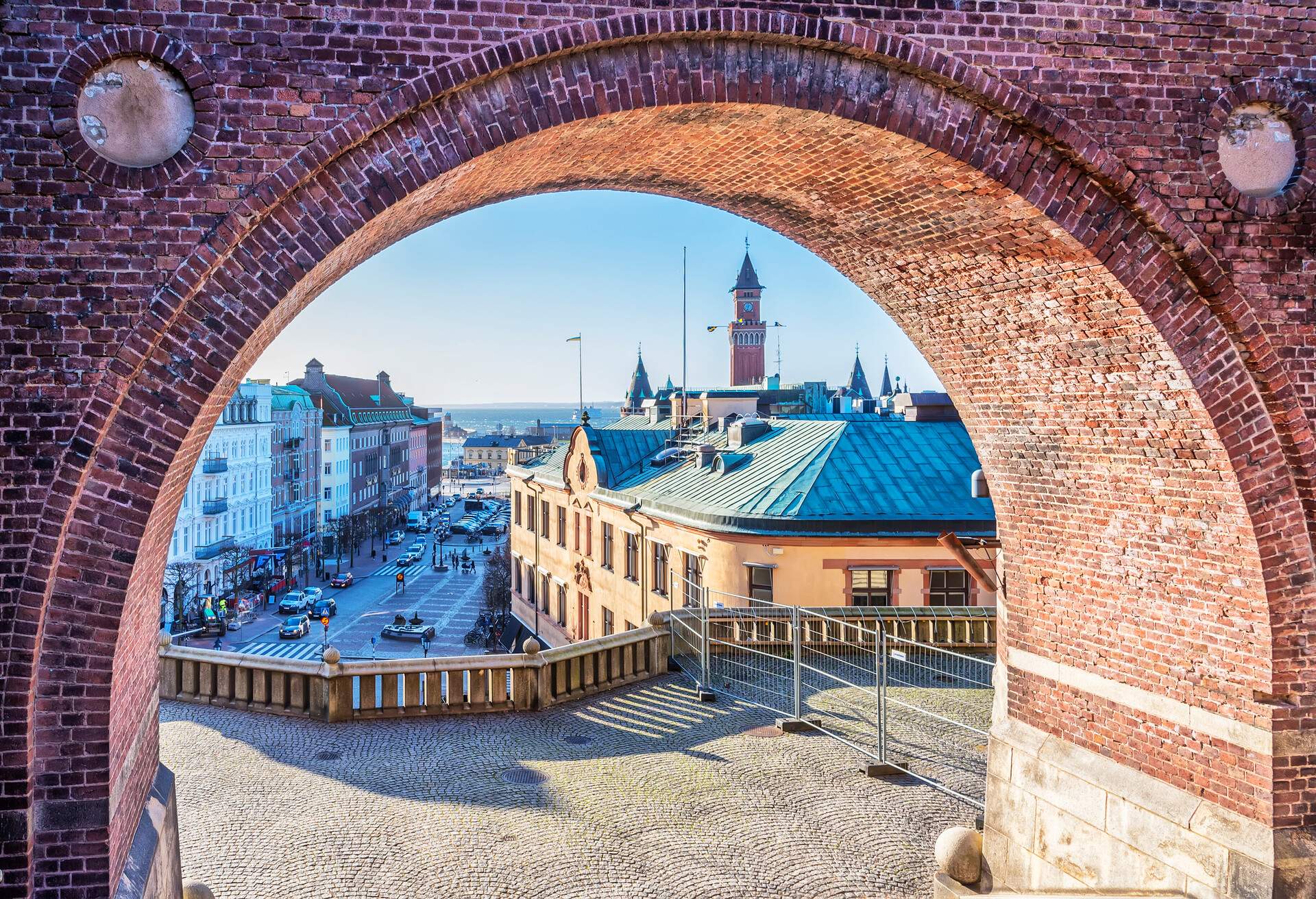 An elevated view through an archway of the swedish city of Helsingborg.
