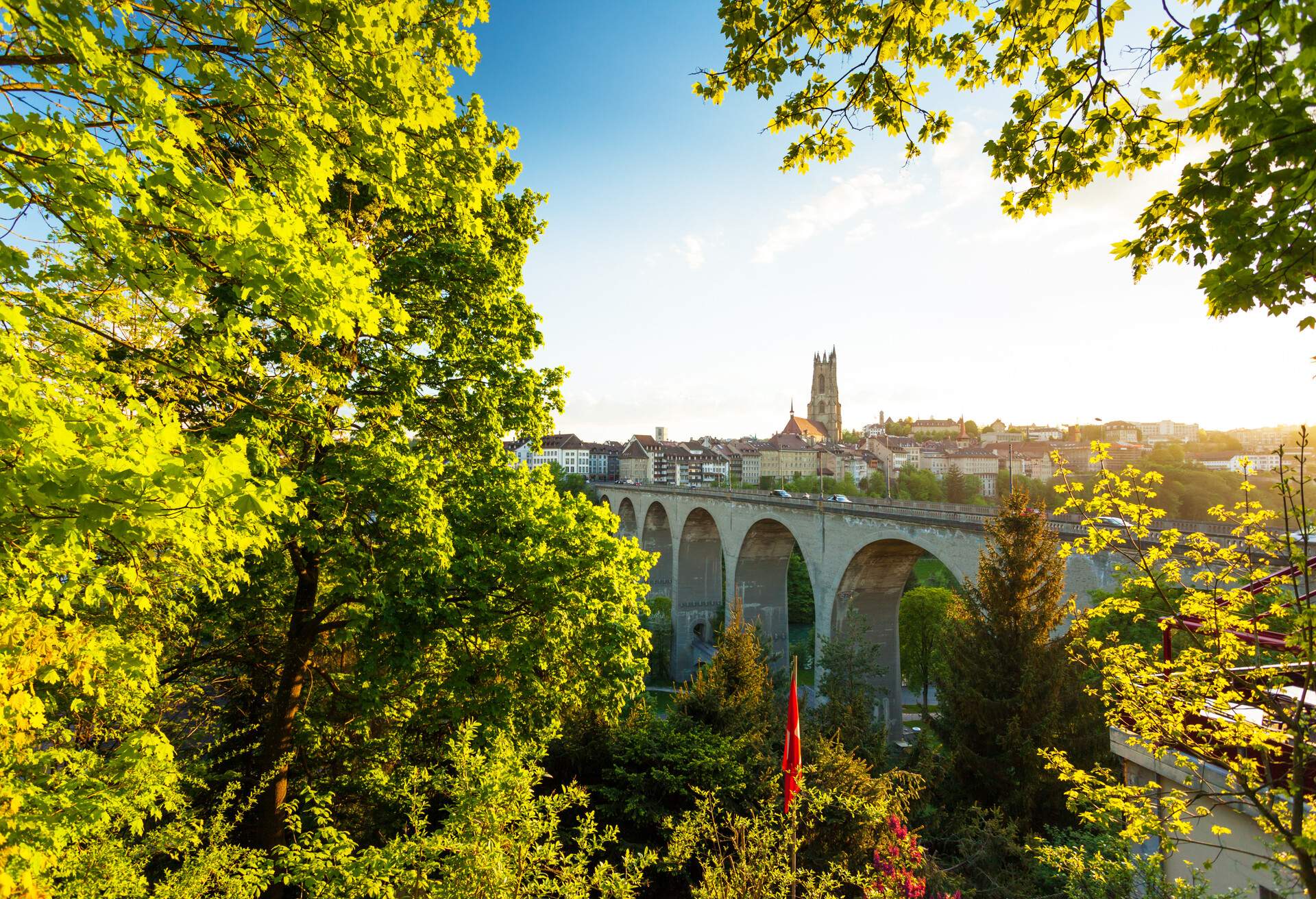 Beautiful Switzerland city Fribourg Sunrise