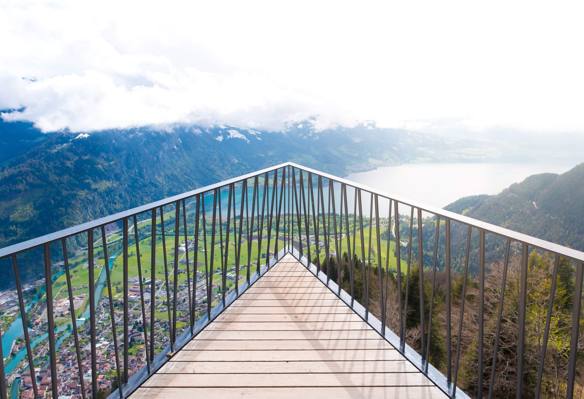 aerial view of the city district and Interlaken from viewpoint at Harder Kulm in Interlaken, Bern, Switzerland.