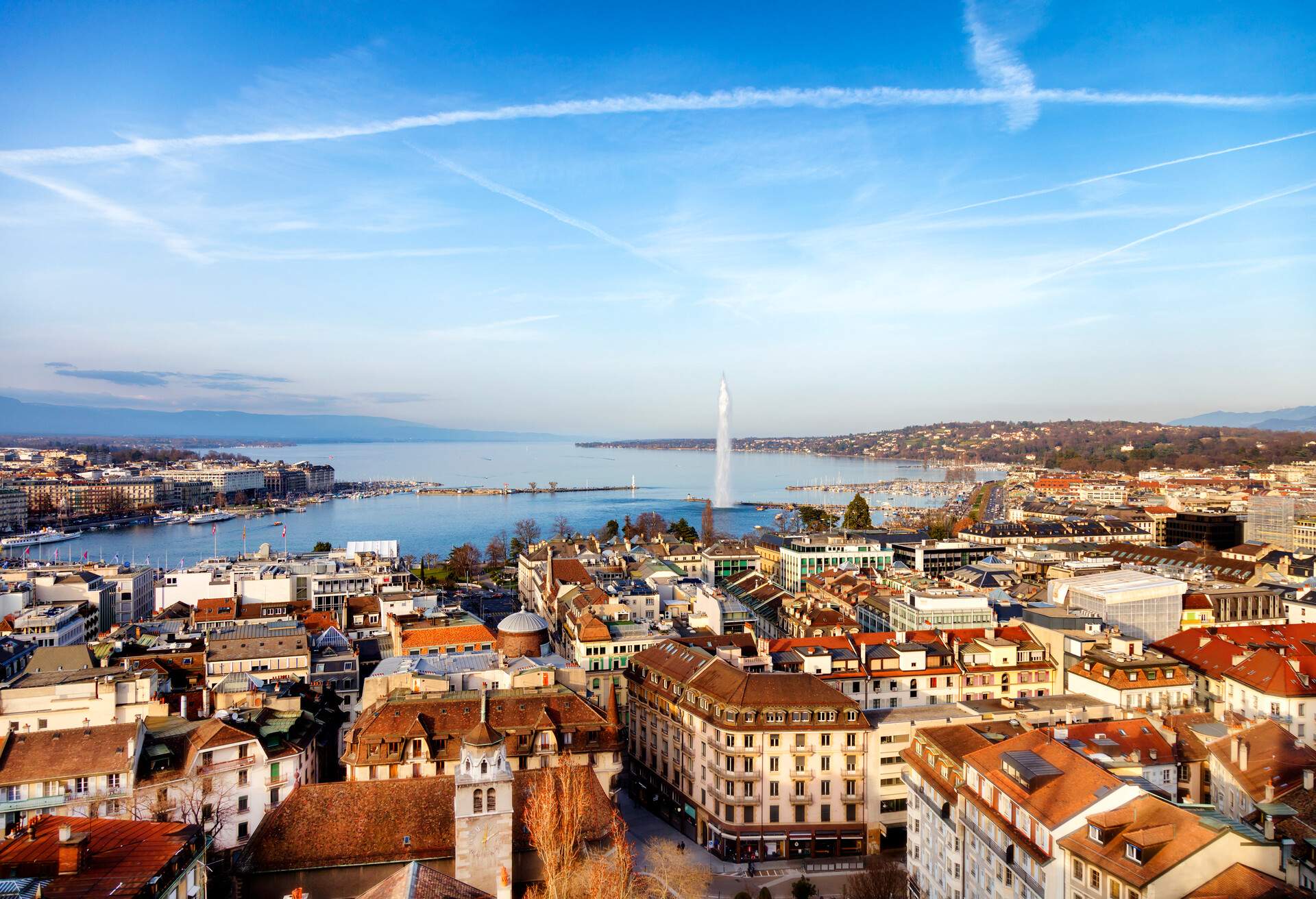 Aerial view of Geneva, Lake Geneva with famous fountain Jet d´Eau are seen in the background, Switzerland, 50 megapixel image.