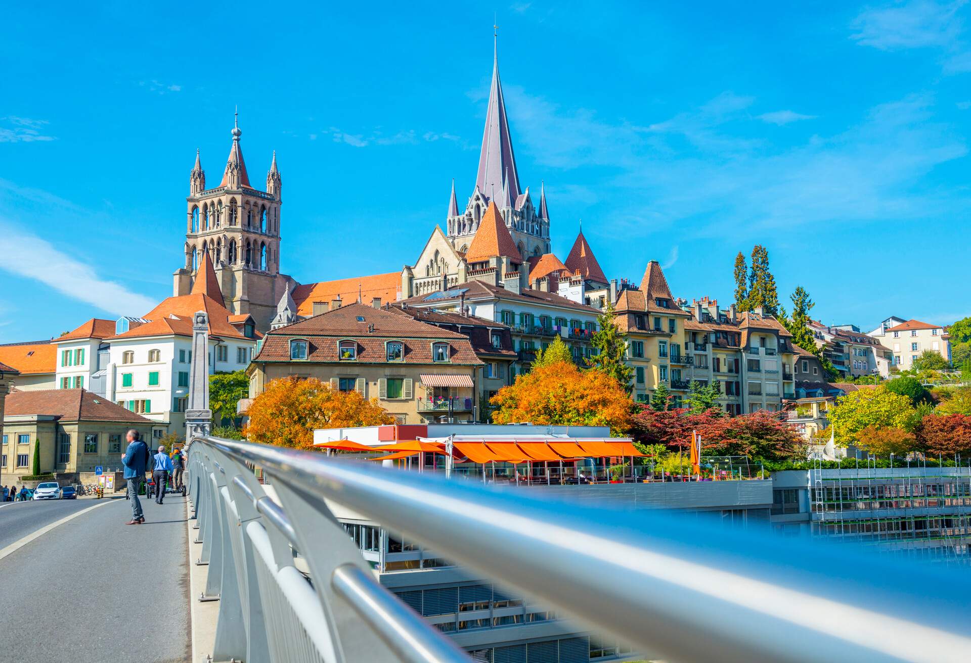 Cityscape and Railing over Lausanne in a Sunny Day in Vaud, Switzerland.