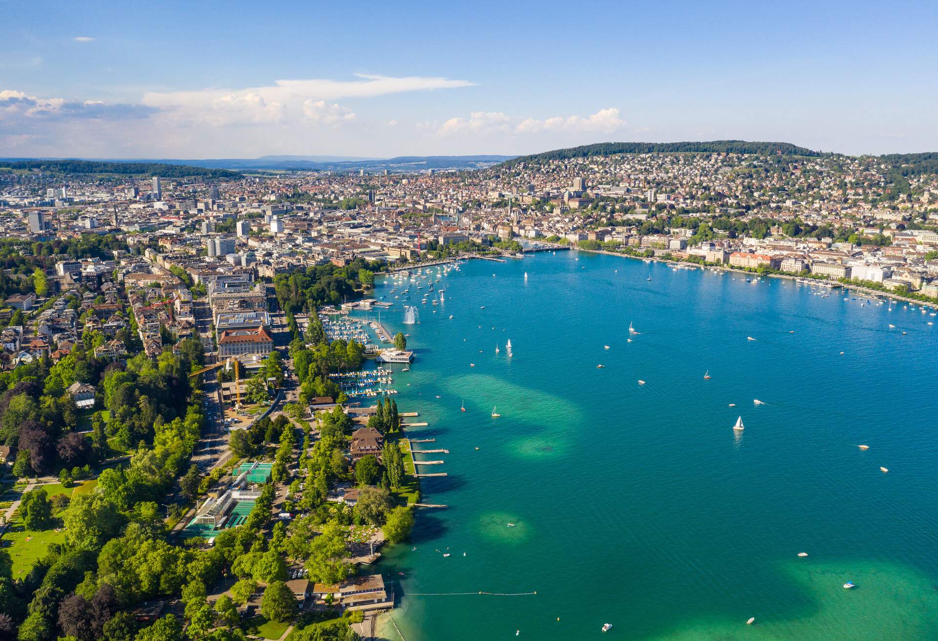Aerial view of the Myrthenquai in Zurich, a popular leisure area by lake Zurich in Switzerland largest city on a sunny day