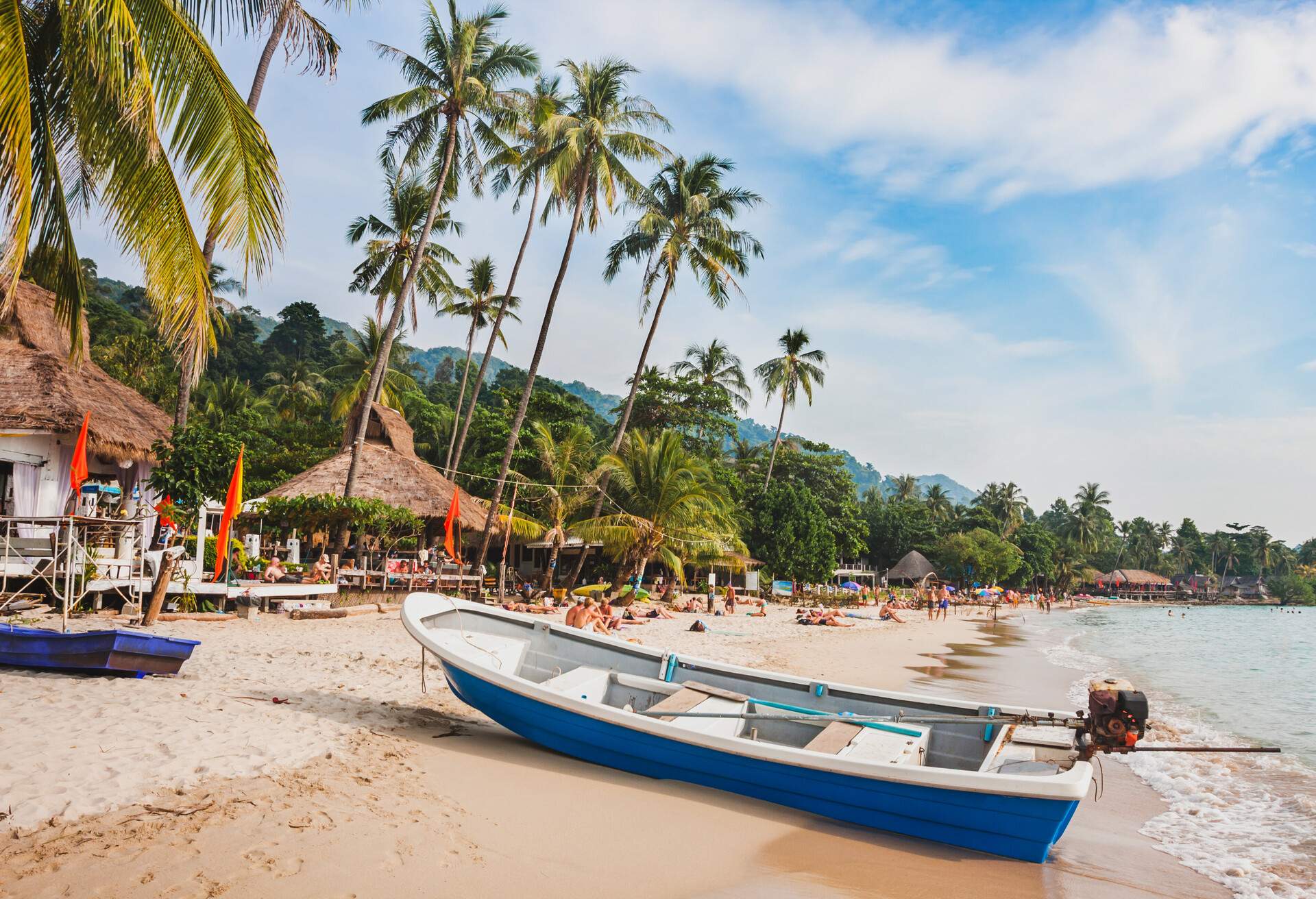 A small boat on the shore lined with straw-roofed houses and tall palm trees by the sea.
