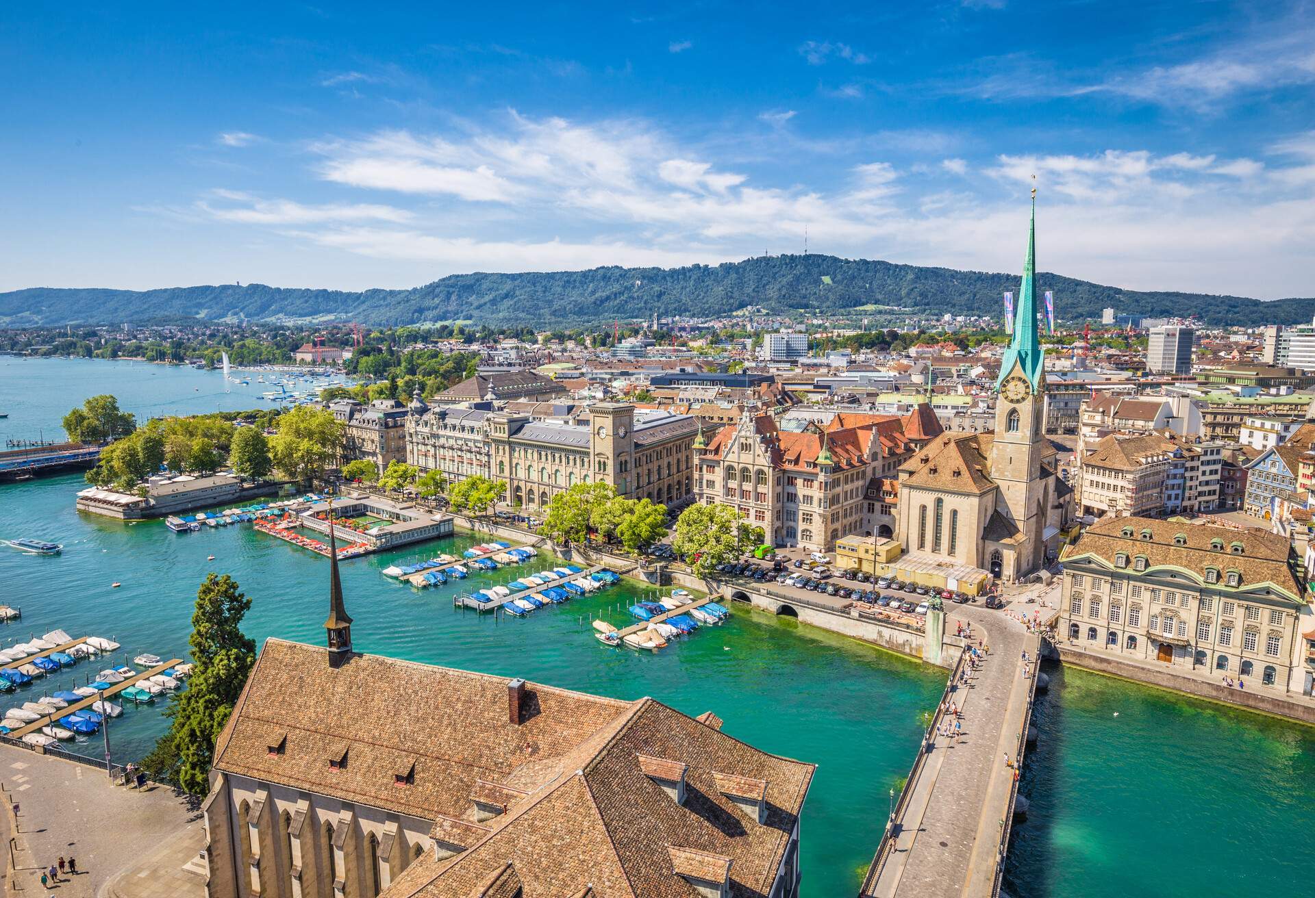 Aerial view of Zürich city center with famous Fraumünster Church and river Limmat at Lake Zurich from Grossmünster Church, Canton of Zürich, Switzerland.