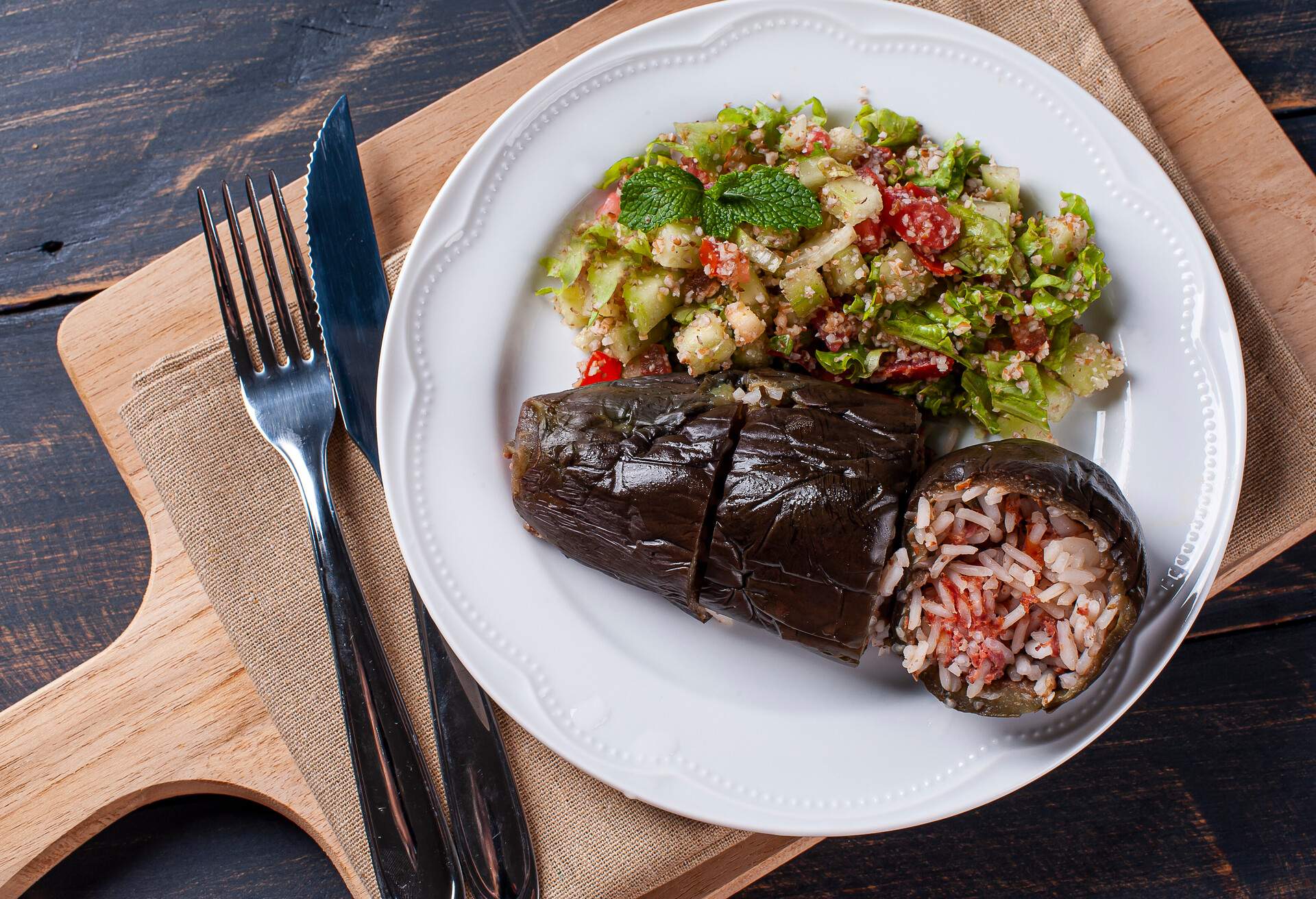 Kousa mahshi - aubergine stuffed with rice and meat.s made in, Egypt, Syria, Lebanon, Palestine, Iraq, Israel, Jordan, and Cyprus.