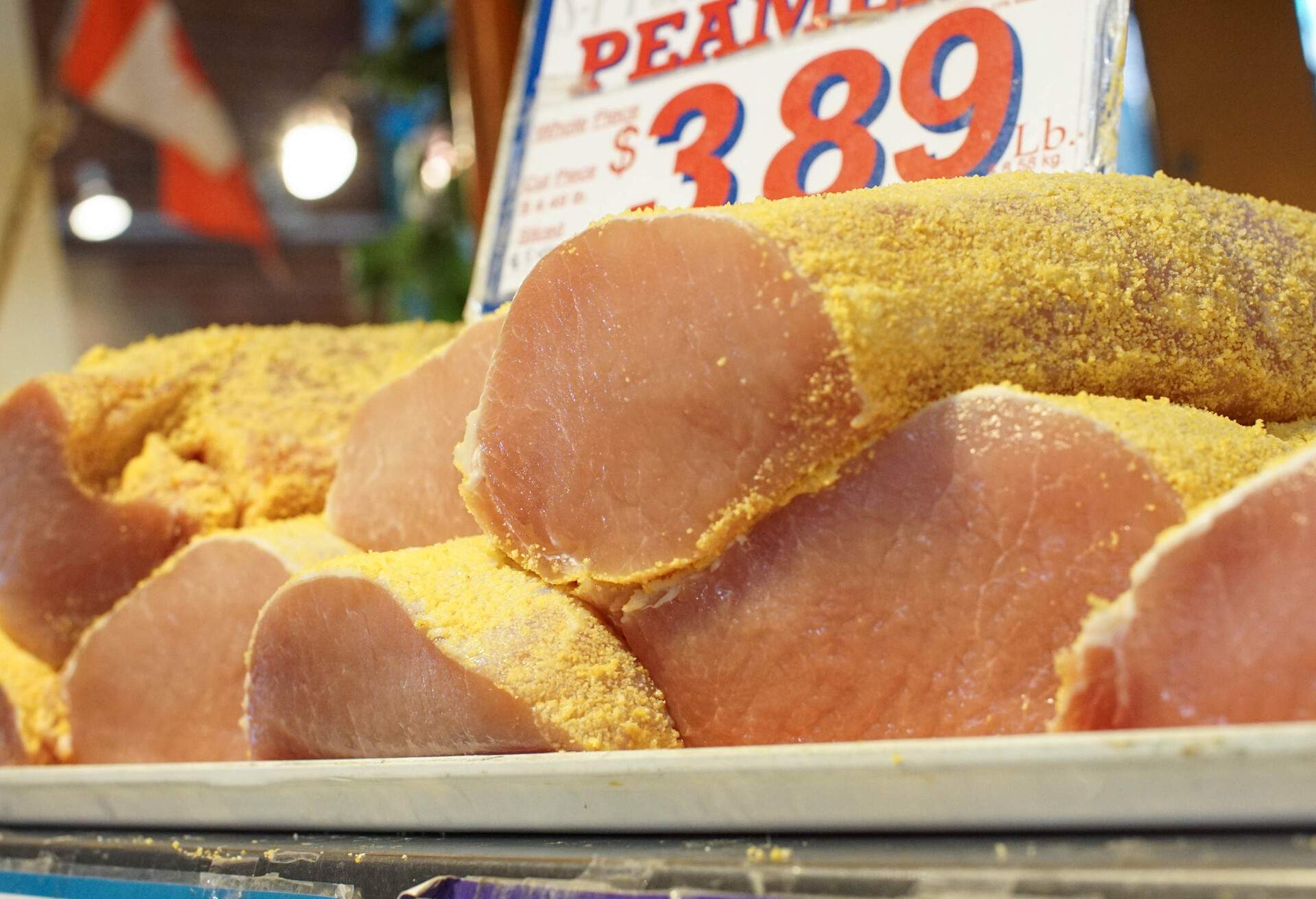 fresh slabs of Peameal bacon at a farmers market