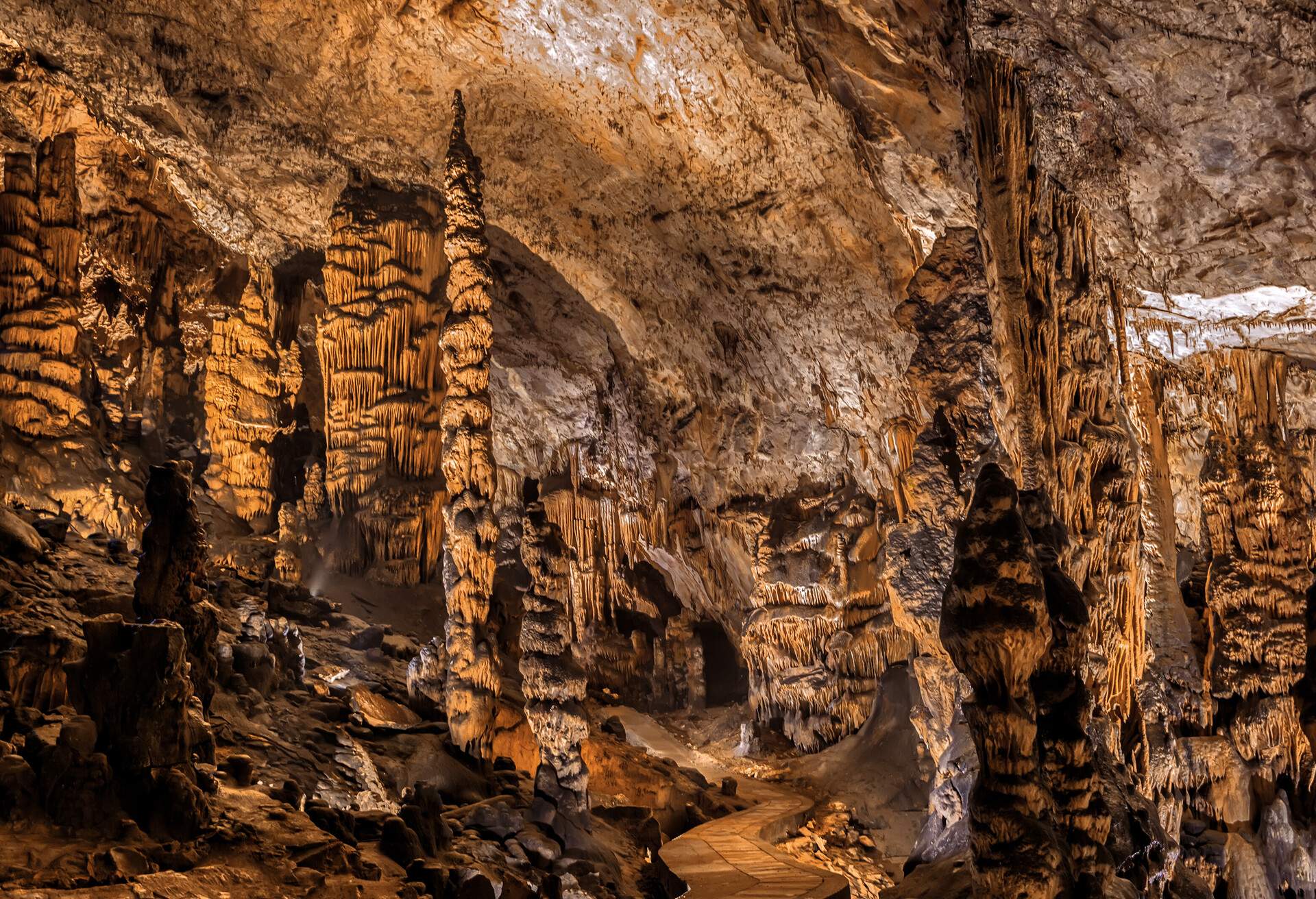 Baradle Cave in Aggtelek National Park in Hungury. Stalactite and stalagmite inside a cave