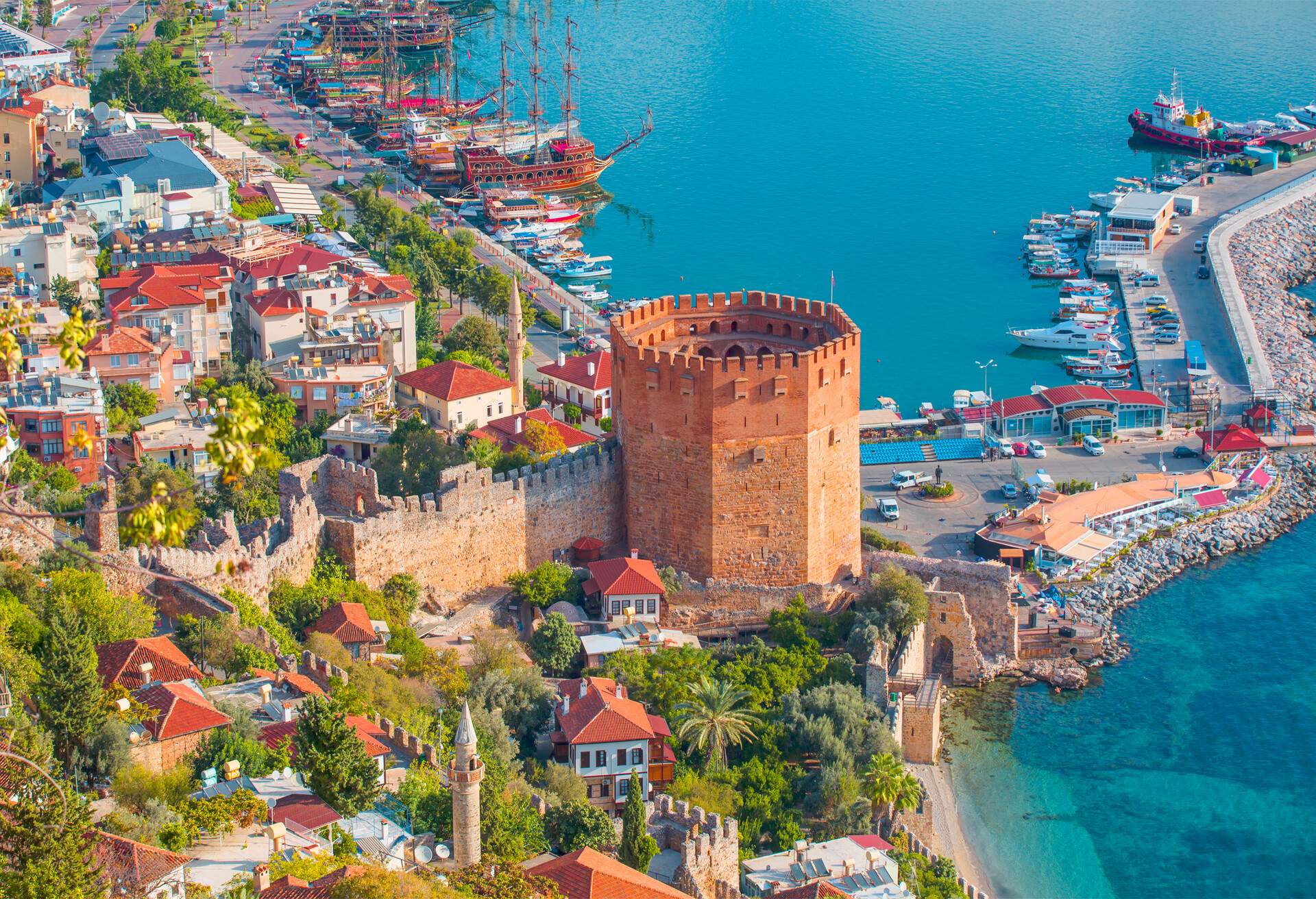 Landscape with marina and Kizil Kule tower in Alanya peninsula, Antalya district, Turkey; Shutterstock ID 538754155; Purpose: Newsletter/Deals; Brand (KAYAK, Momondo, Any): Any