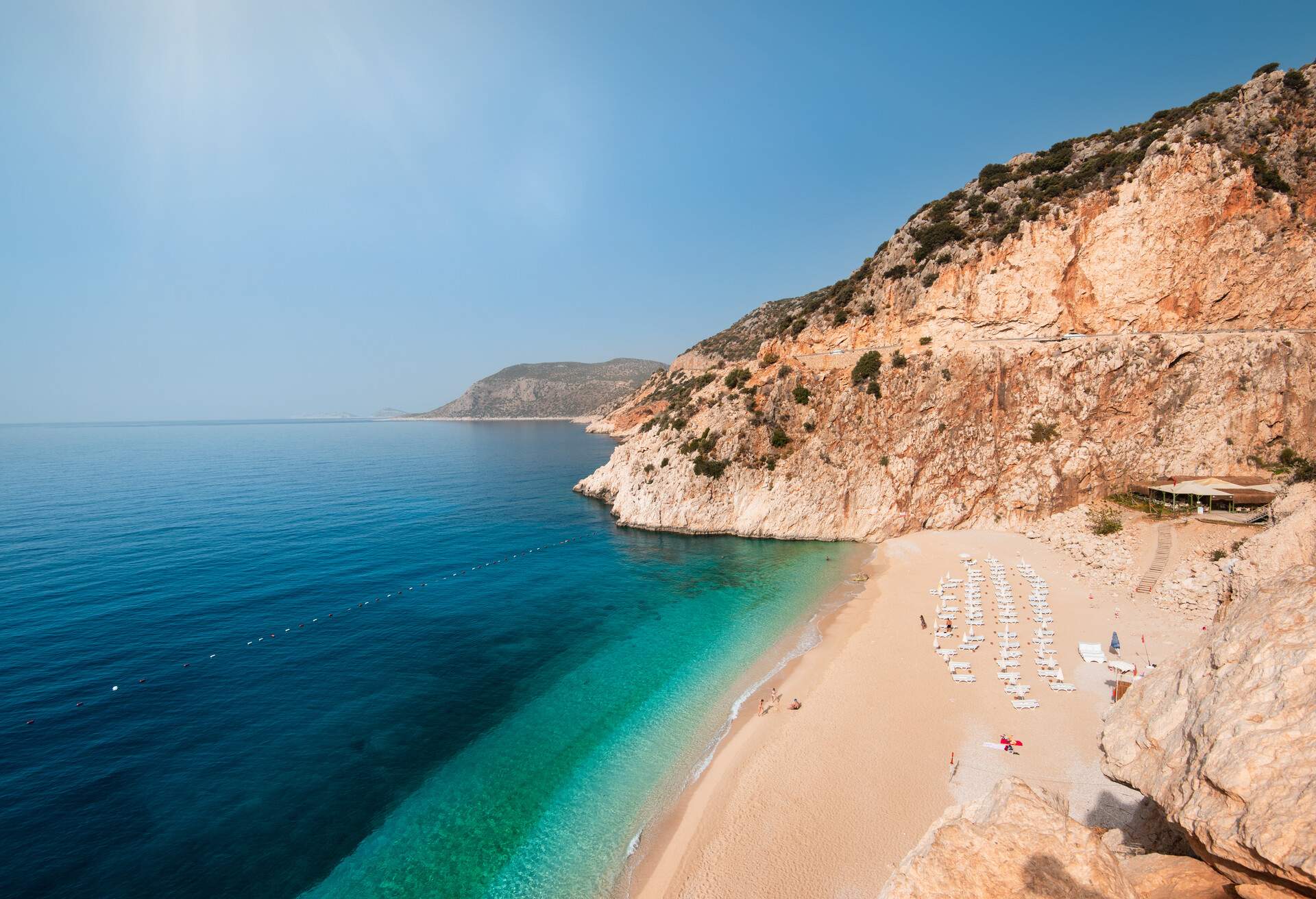 Kaputas beach in the middle of the day. Calm view of Kaputaş beach on a hot day. The most famous salils of Antalya. Turkey