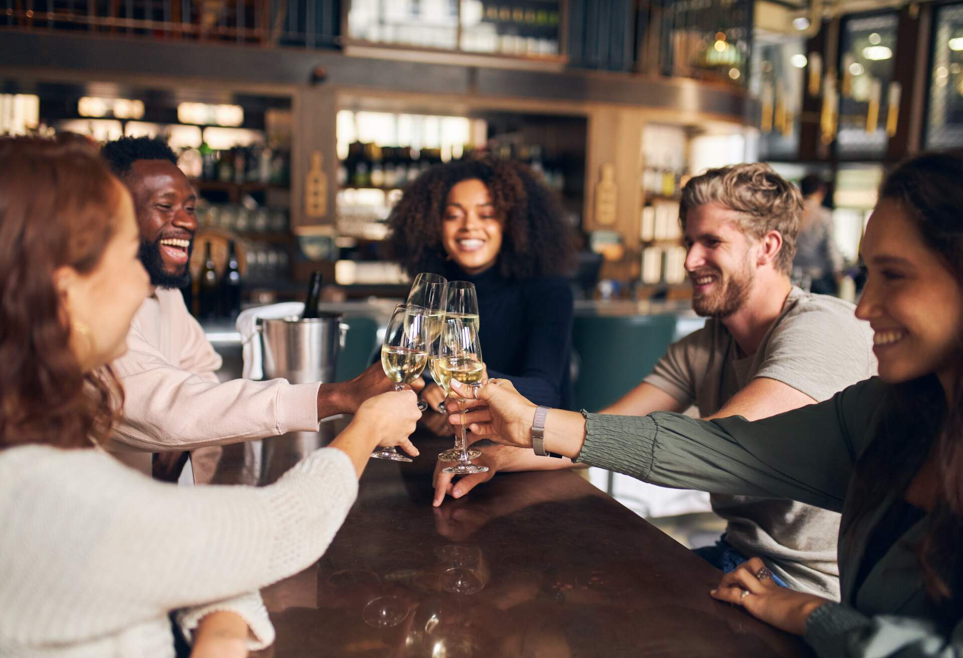 Friends toasting with wine in bar