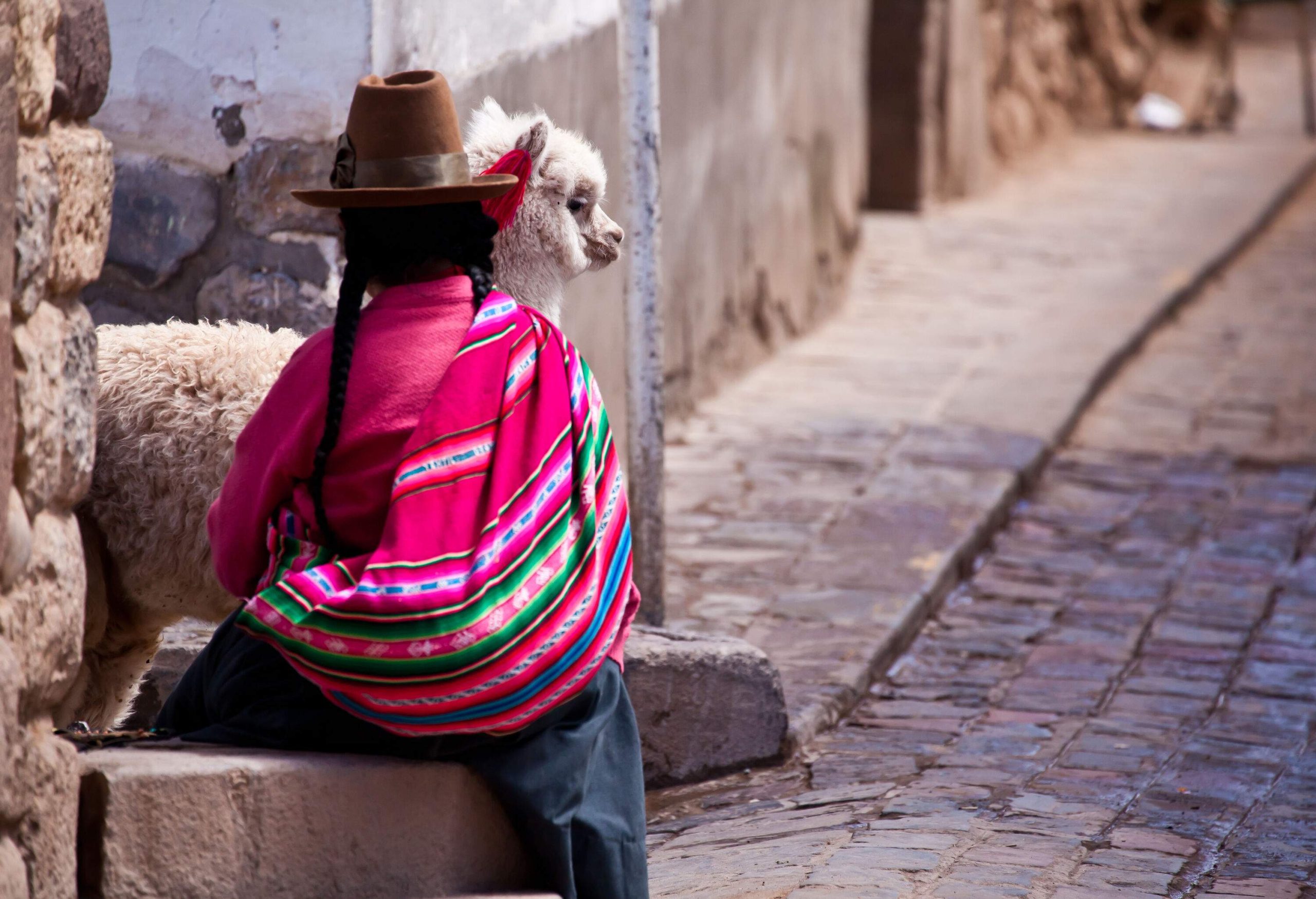A woman adorned in vibrant traditional clothing sits gracefully on a stone along the sidewalk, accompanied by a llama.