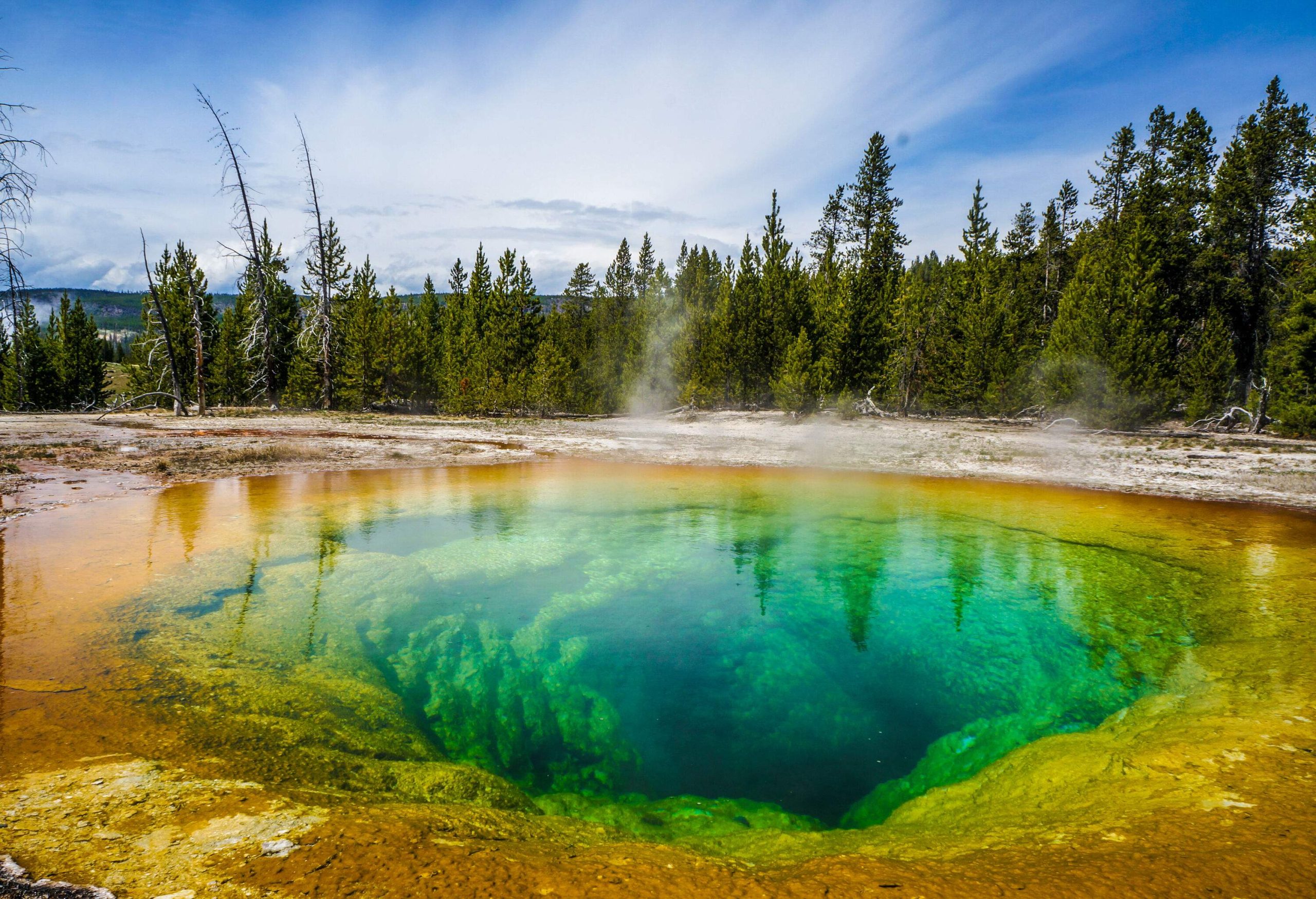 A hot spring with a yellow rim and a green center emitting thin smoke.