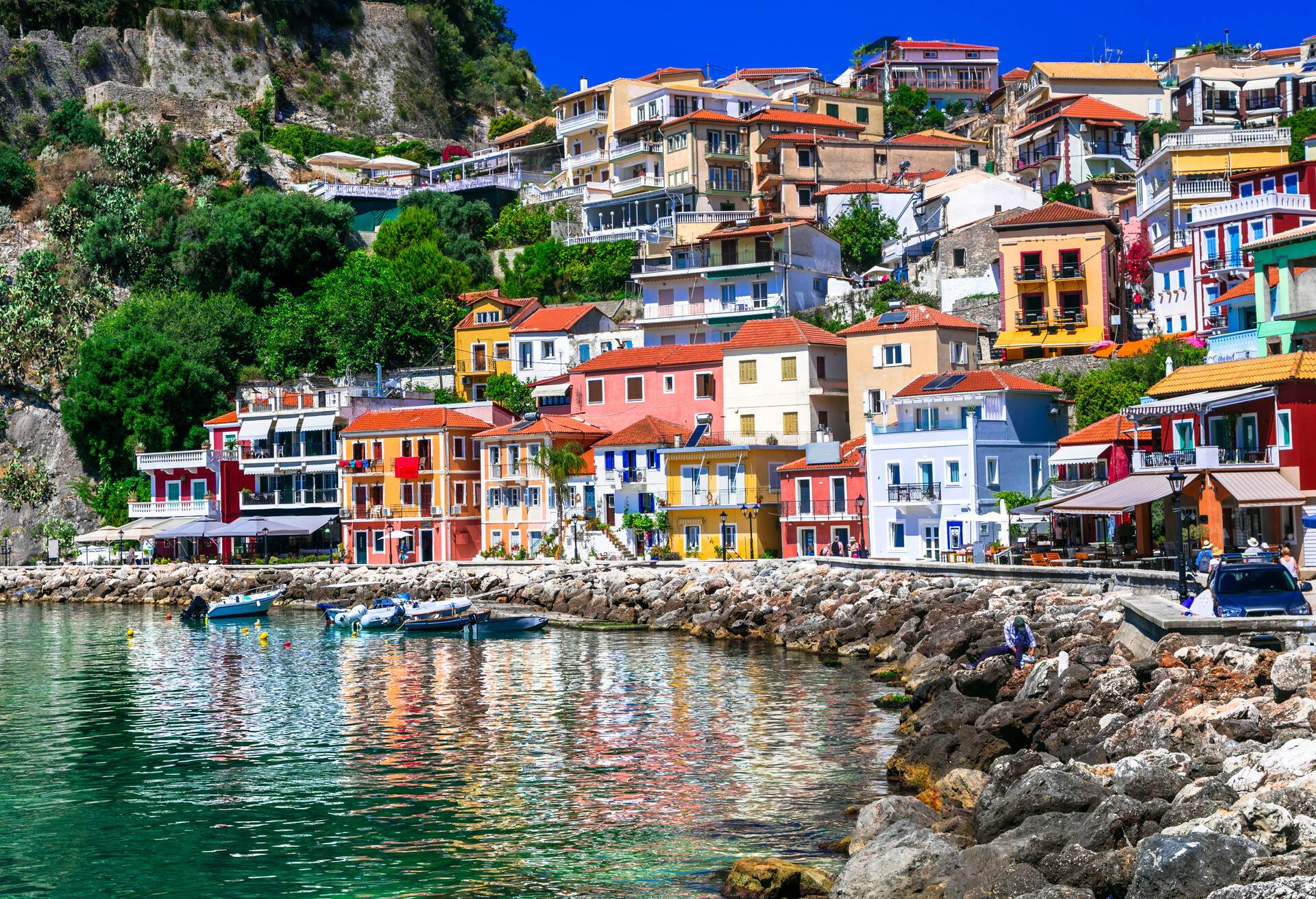 Street view of colorful coastal town Parga in Greece ,Epirus