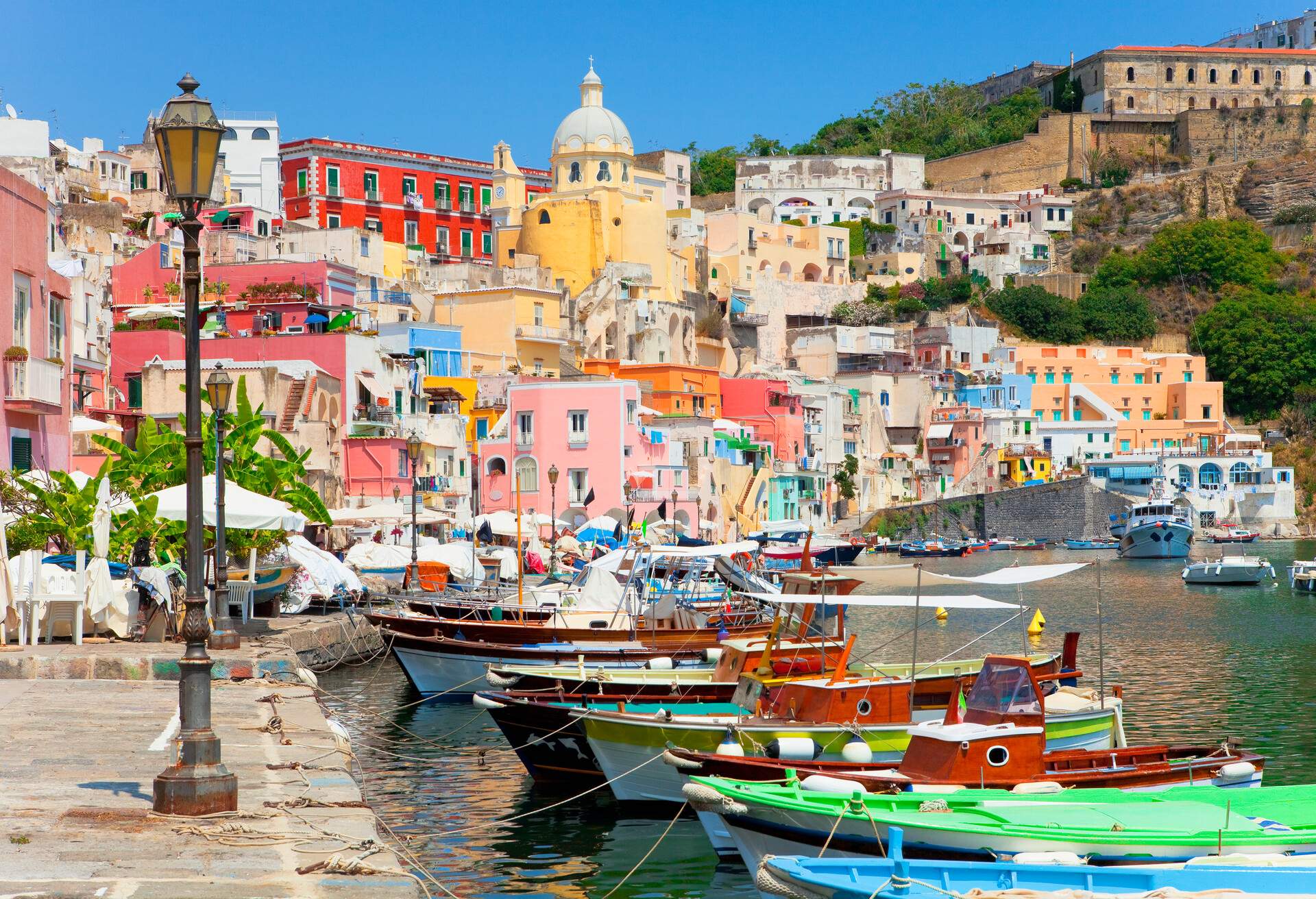 Italy, Gulf of Naples, Procida island, Marina Corricella.