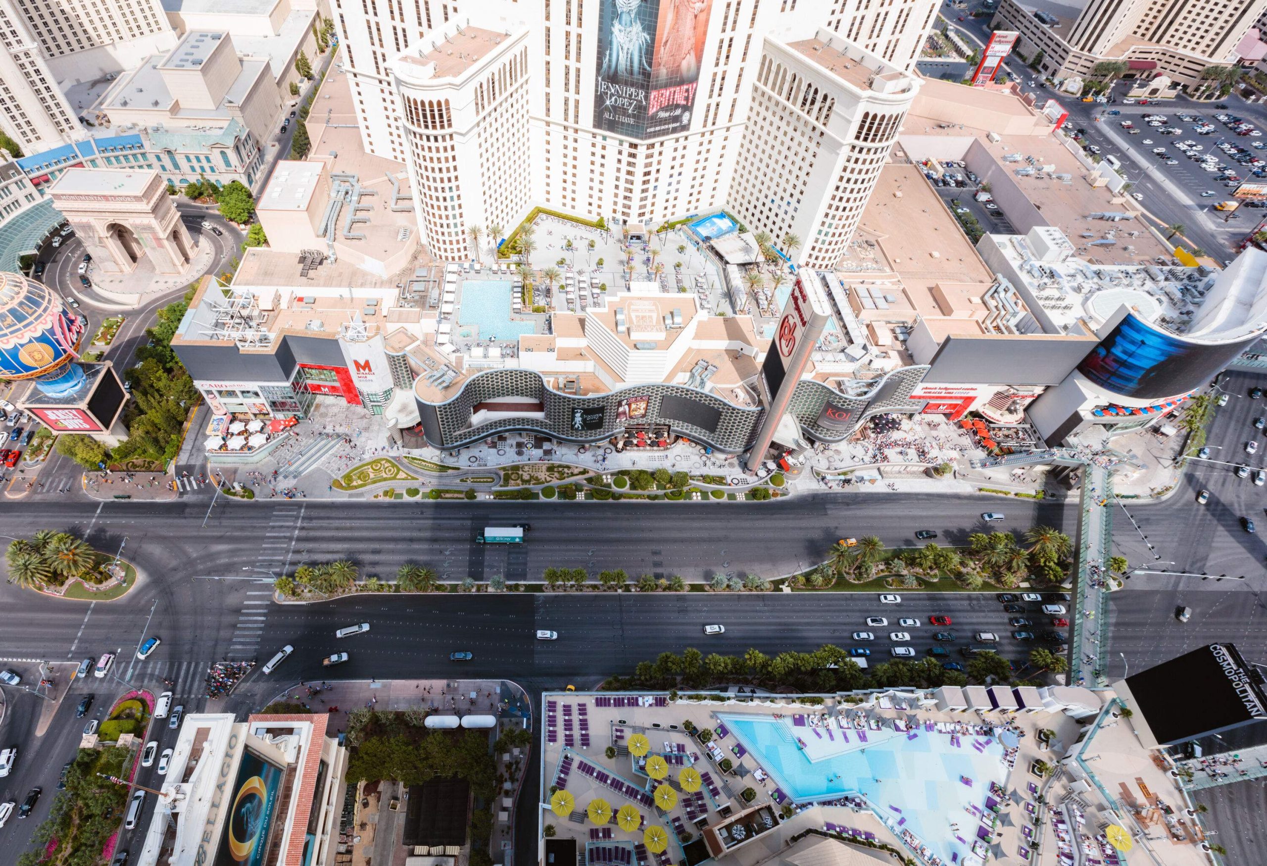 A bustling avenue adorned with a procession of cars, embraced by towering buildings, and lined with majestic trees.