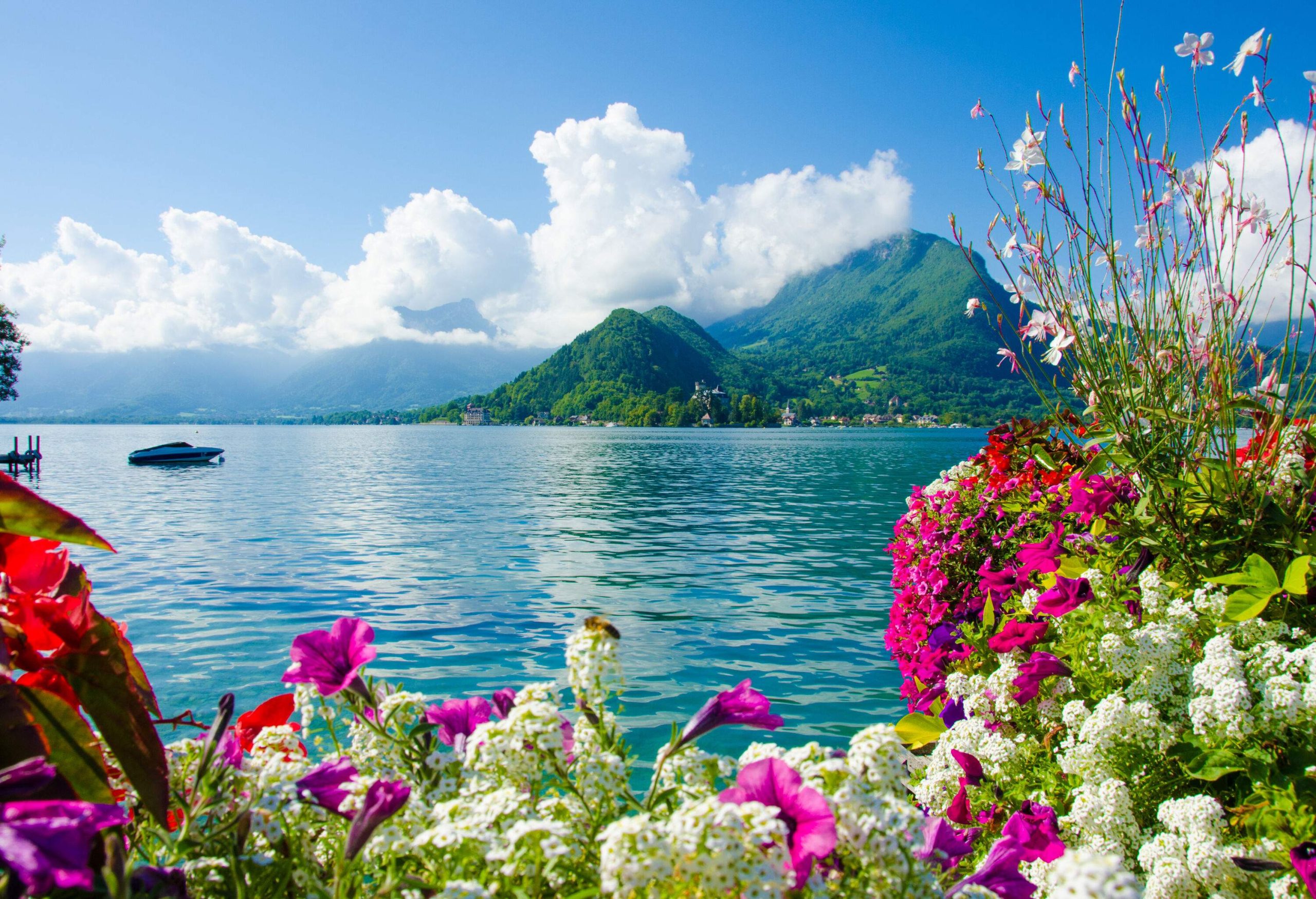 A beautiful lake framed by multi-coloured flowers with mountains in the background.