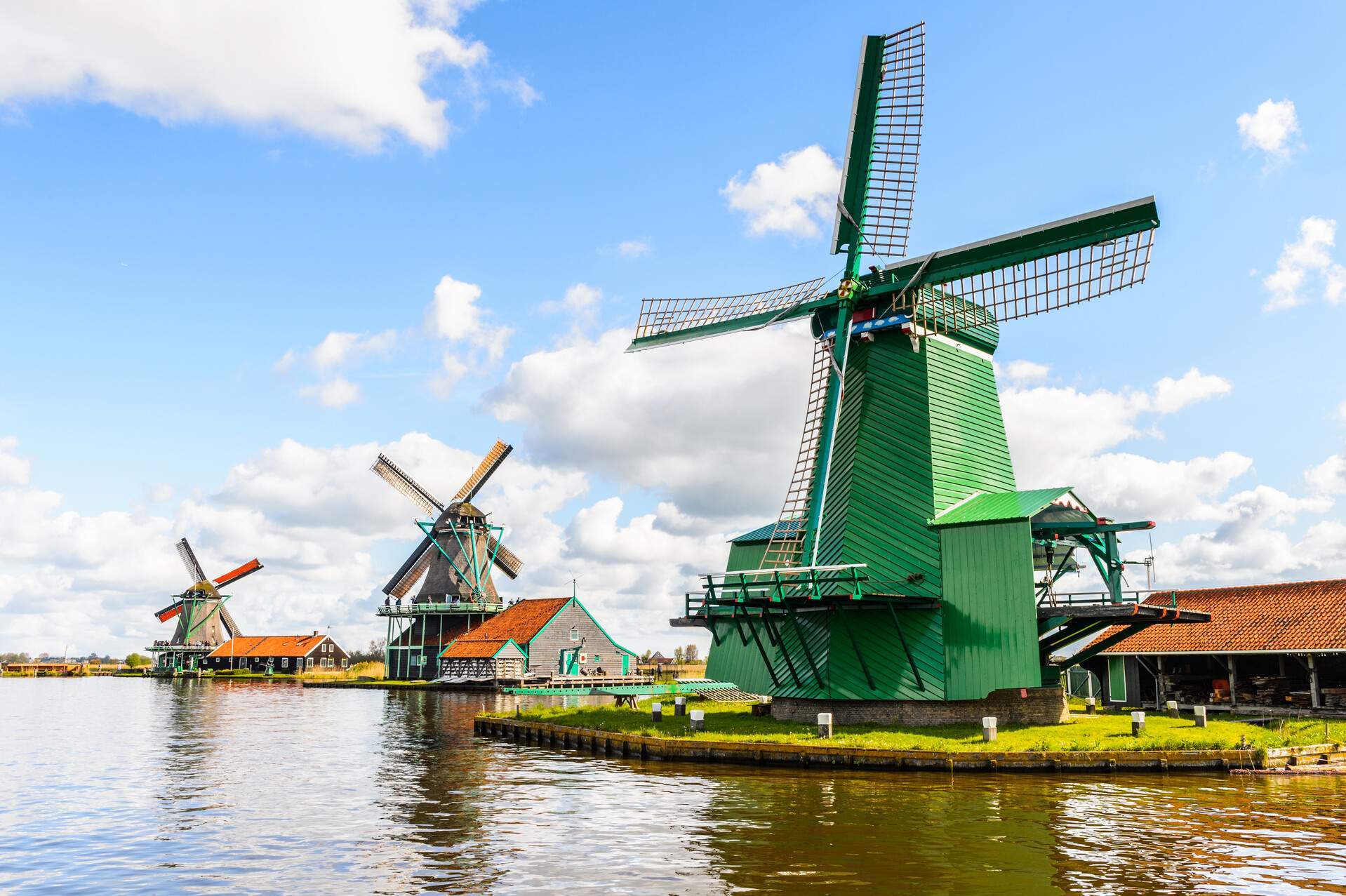 Windmills of Zaanse Schans, quiet village in Netherlands
