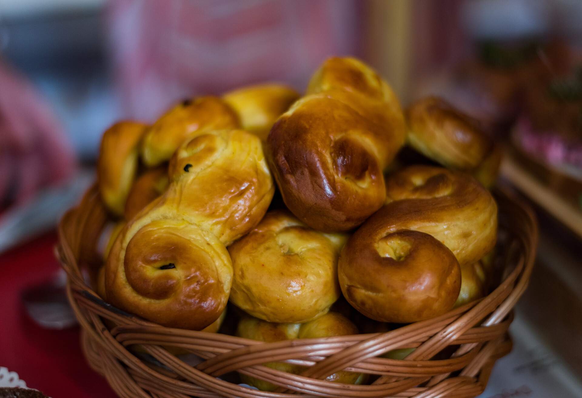 Lussekatter - Swedish Saffron Buns, also known as Lussebullar. Served for St Lucia day and Christmas celebrations. Christmas food at Swedish Christmas market.