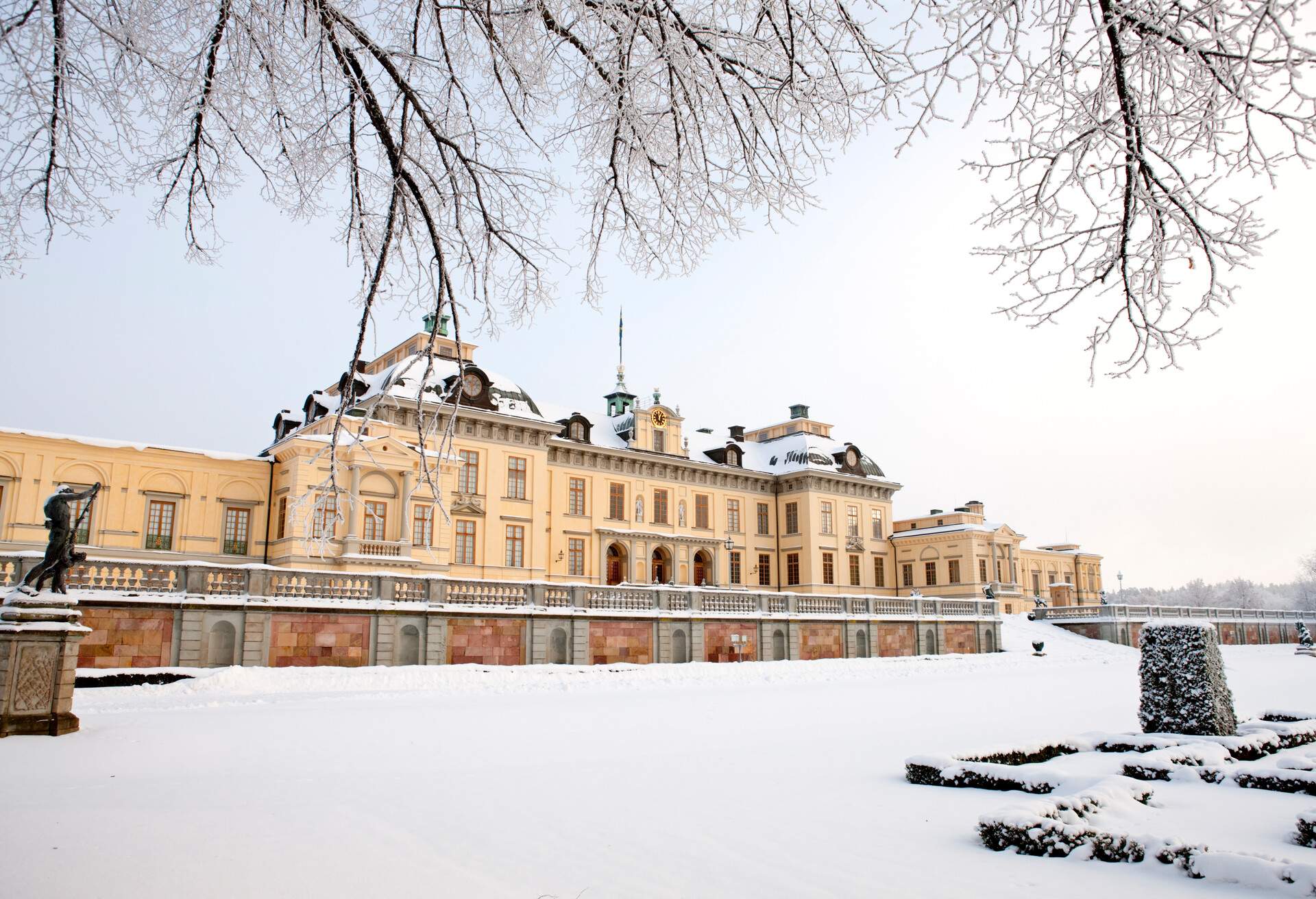 Winter view of the Royal Palace at Drottningholm in Sweden, a UNESCO cultural heritage site.