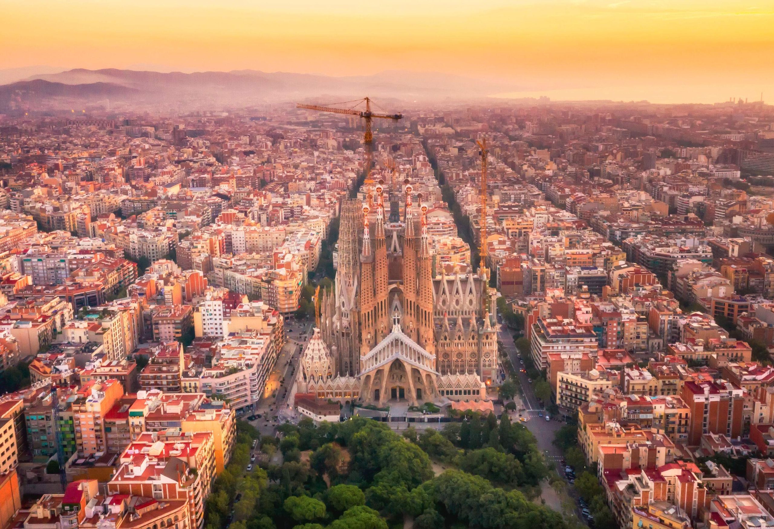 Stunning city skyline of Barcelona with the Sagrada Familia in the centre.