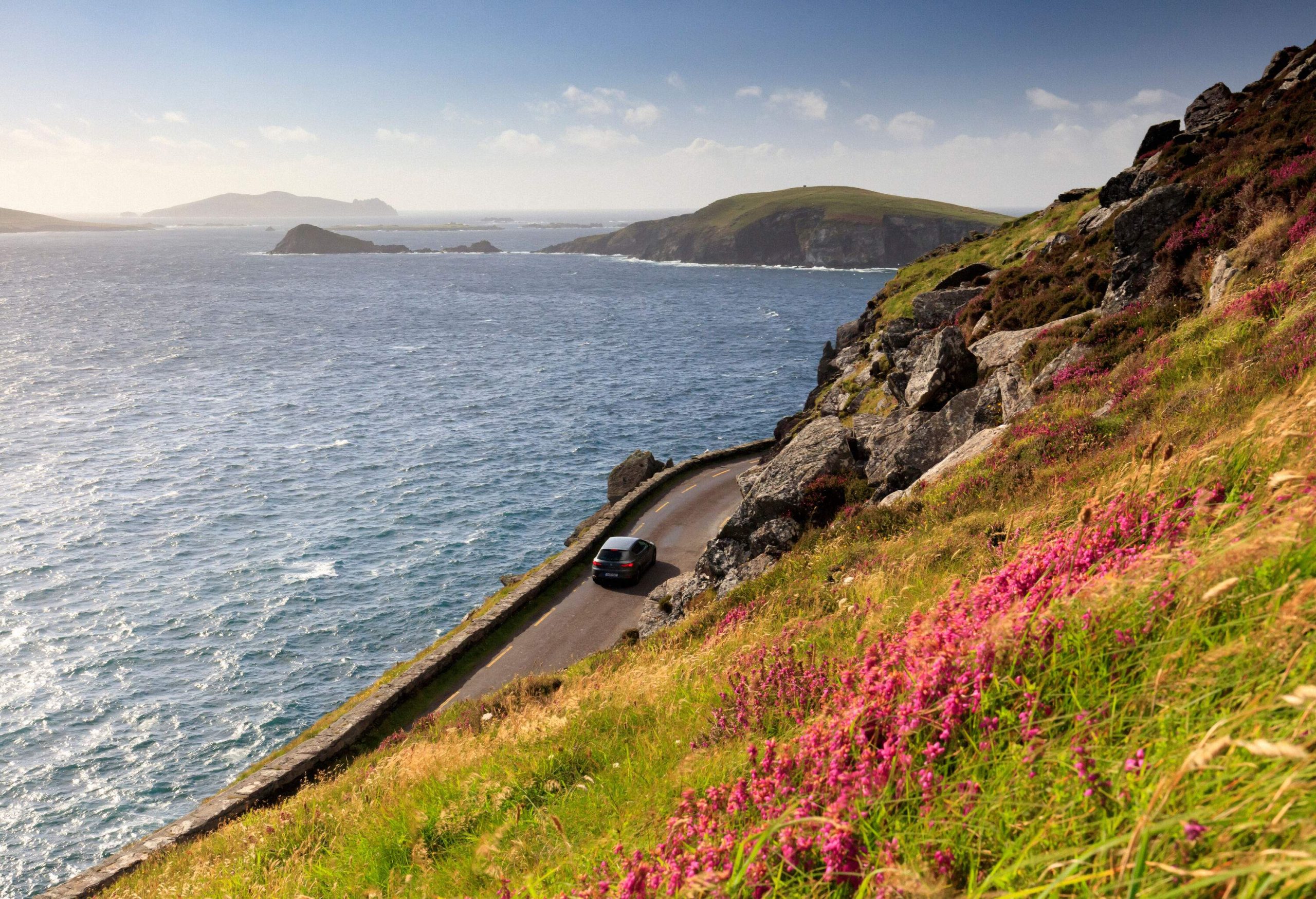 A car travels along a grassy cliffside with expansive ocean views.