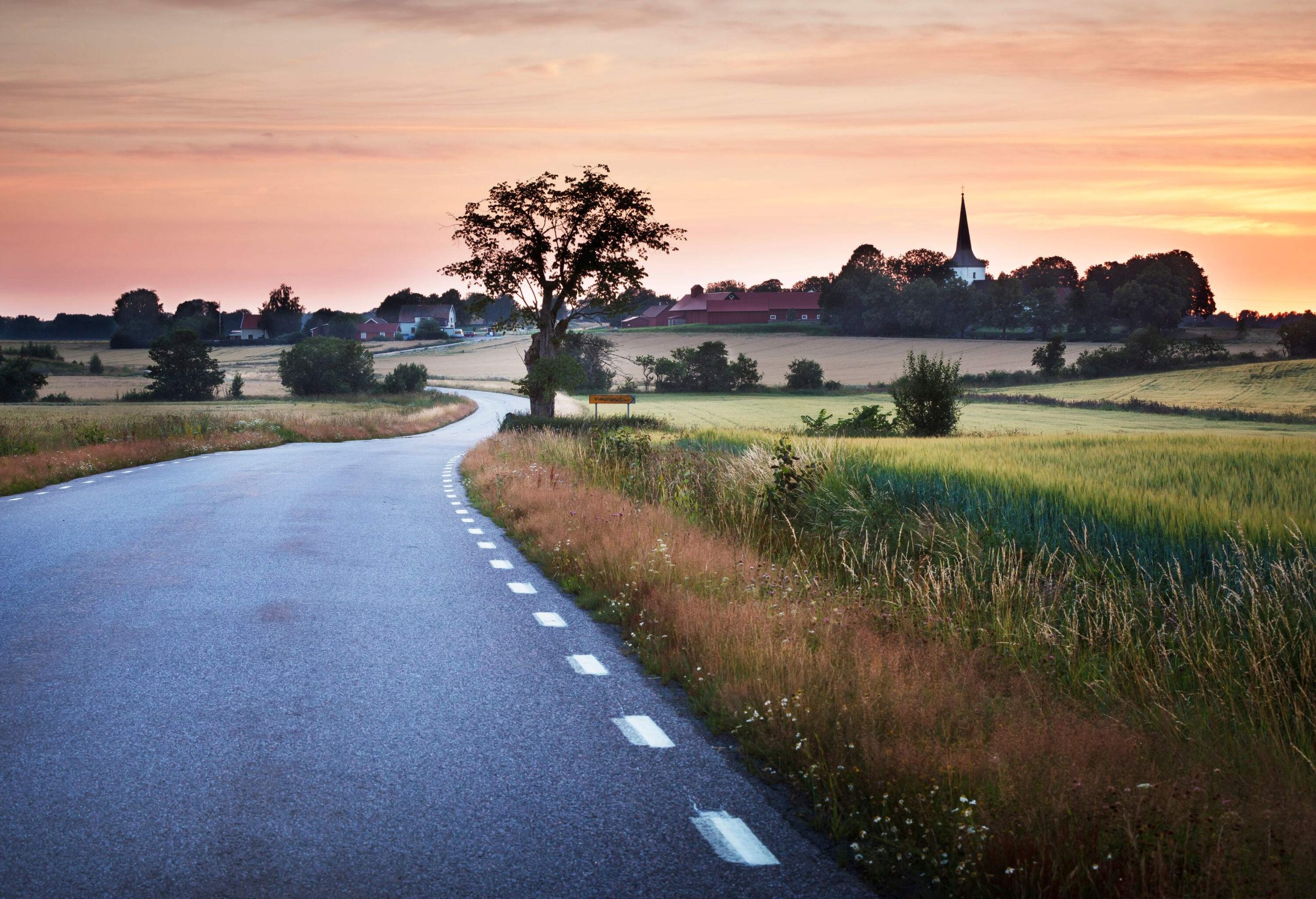 A narrow, curvy asphalt road in the middle of lush fields dotted with trees and bordered by houses.