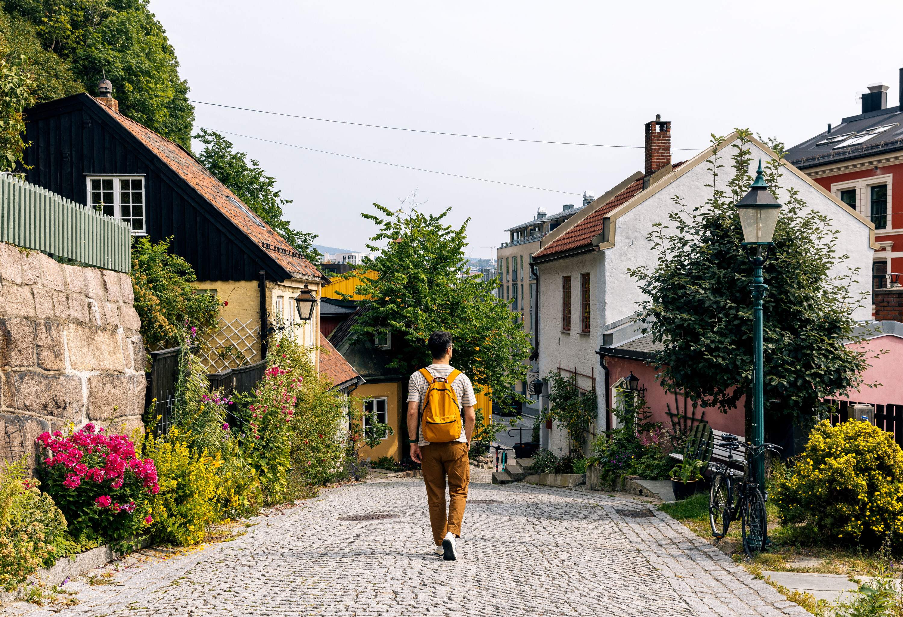 A man wanders on a cobbled street between compact houses.