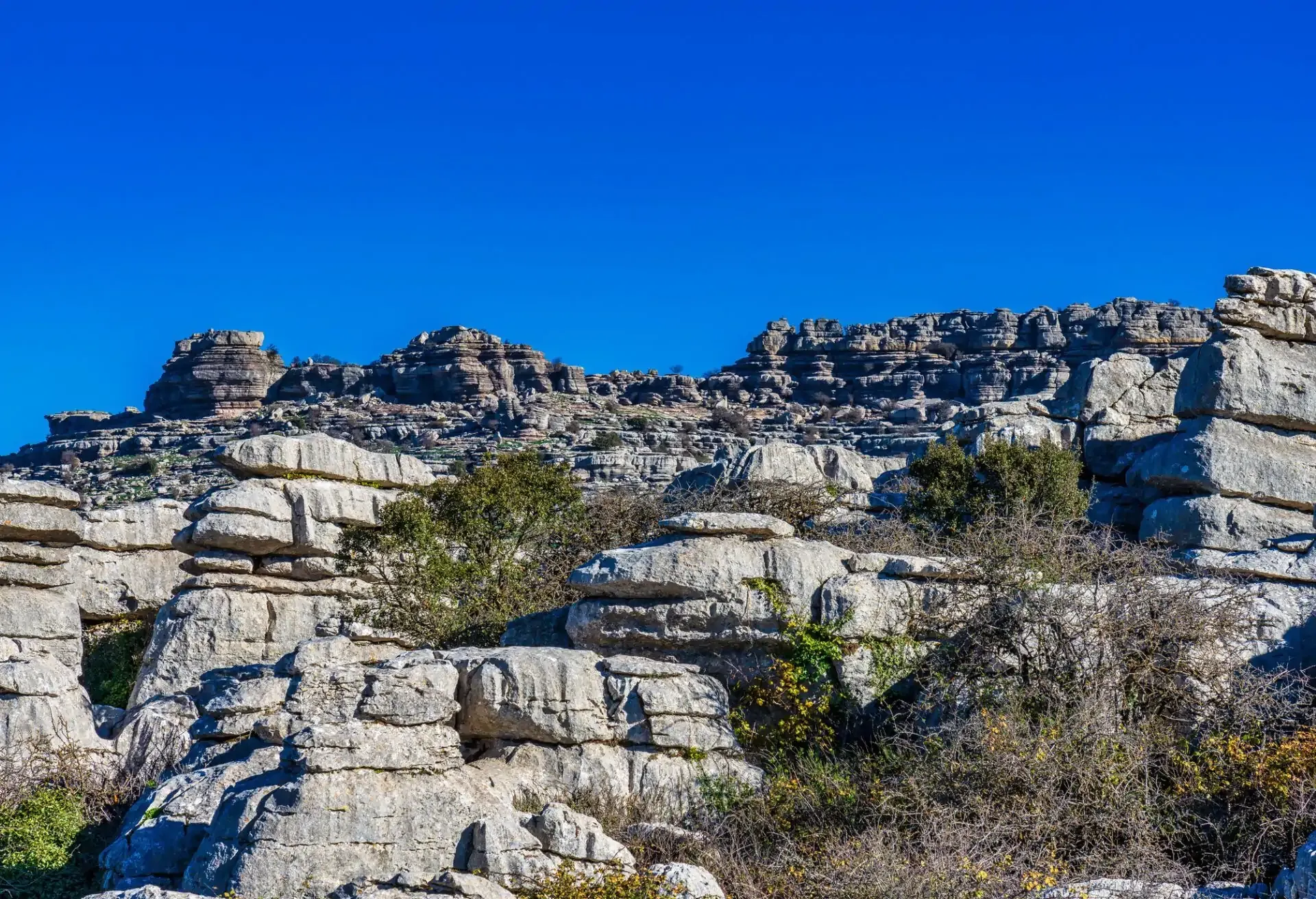 Unique limestone rock formations under a clear blue sky in a rugged landscape.