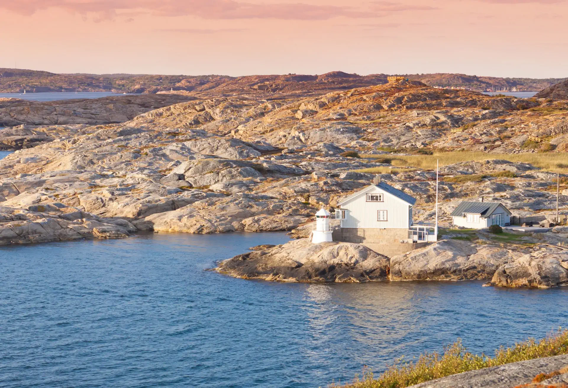 lighthouse at sunset, marstrand, sweden