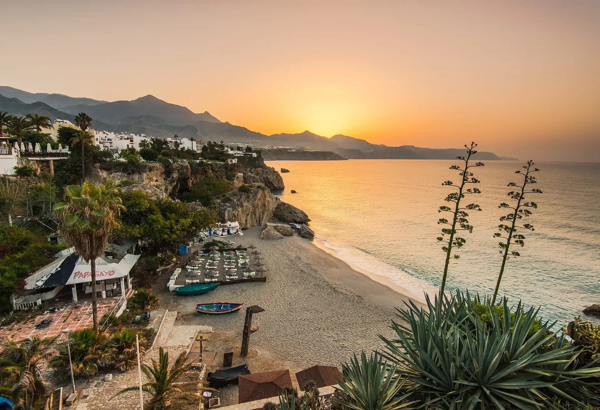 Golden sunset over a scenic coastal beach bordered by steep cliffs, palm trees, and mountains.