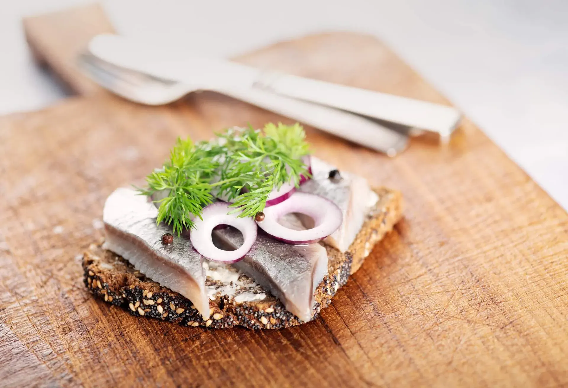 Traditional danish “smørrebrød” or open sandwich made with a slice of buttered rye bread, marinated herring, onion and dill. Colour, horizontal with some copy space.