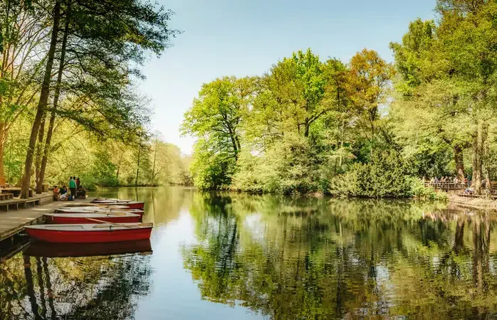 red rowboats on stage at Neuer See in Berlin Tiergarten