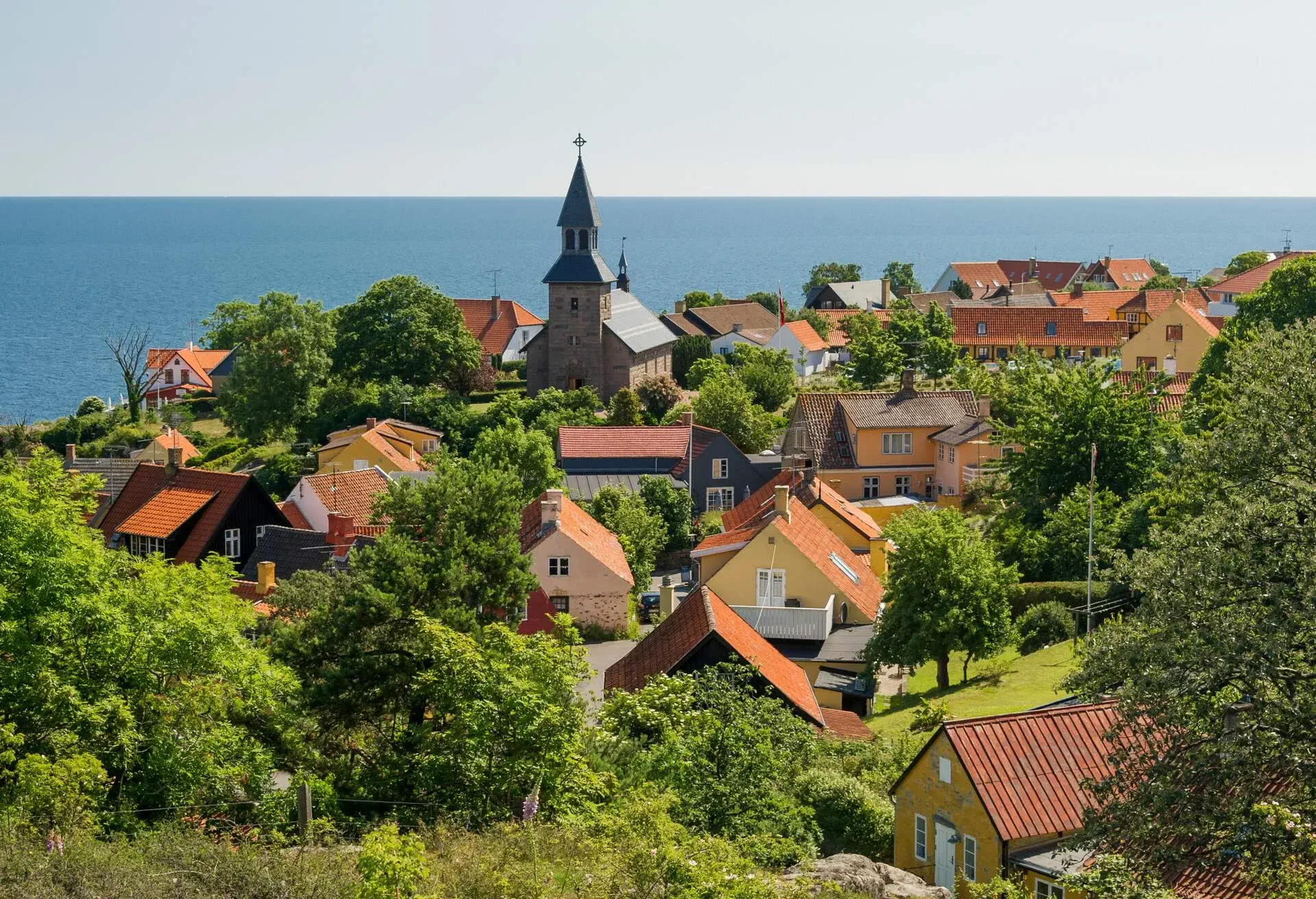 View of Gudhjem town on the island of Bornholm in Denmark. Bornholm is a Danish island in the Baltic Sea, just south of Sweden.