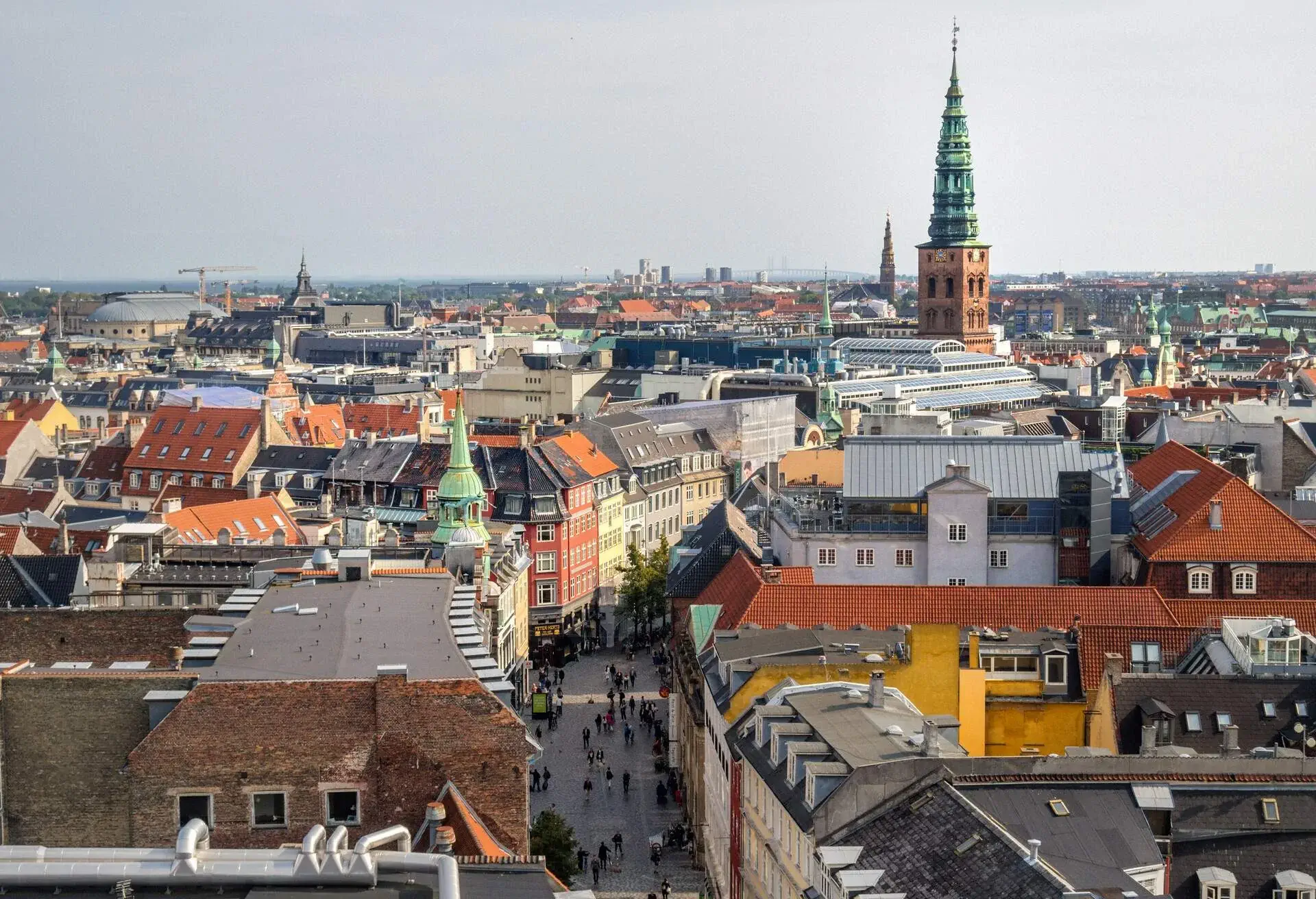 View of Copenhagen from The Round Tower, view towards the south. St. Nicholas Church tower bell. gps tagged