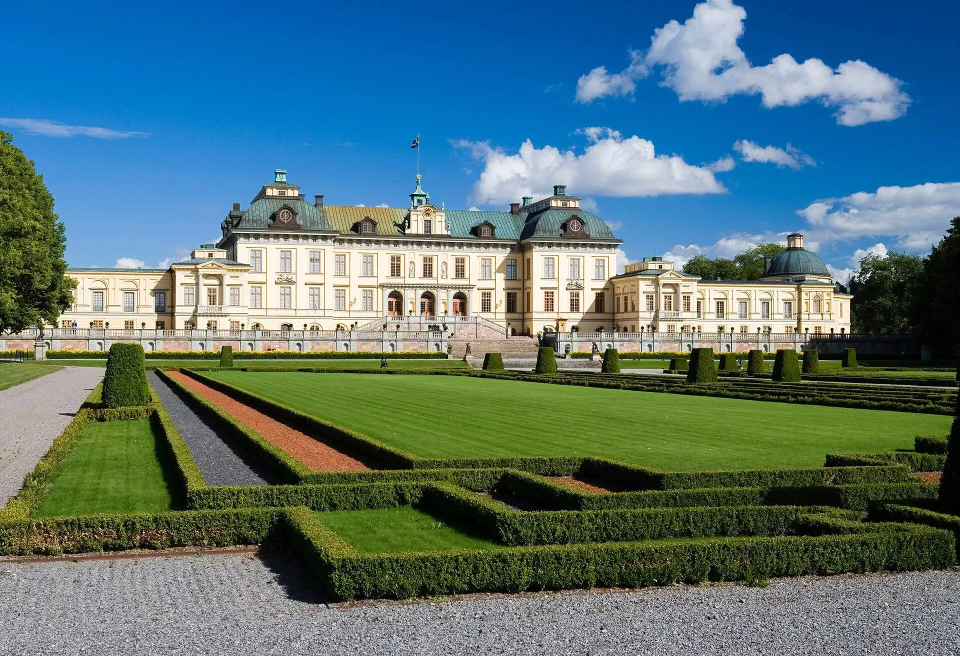 Detail from the grounds of Drottningholm palace, a Unesco cultural heritage site in Sweden. Summer with the Baroque garden in the foreground. In aRGB color for beautiful prints.