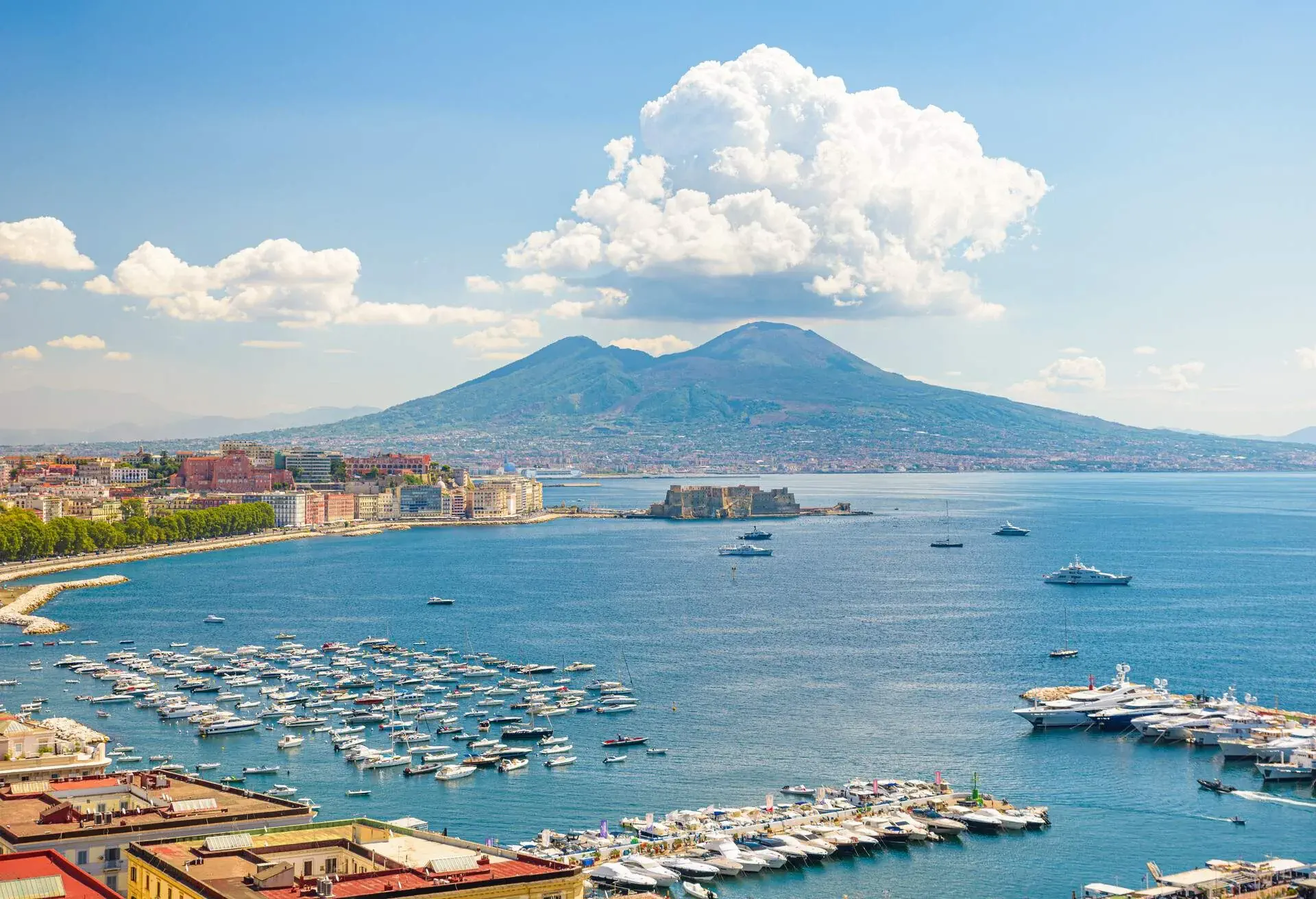 Naples, Italy. August 31, 2021. View of the Gulf of Naples from the Posillipo hill with Mount Vesuvius far in the background.