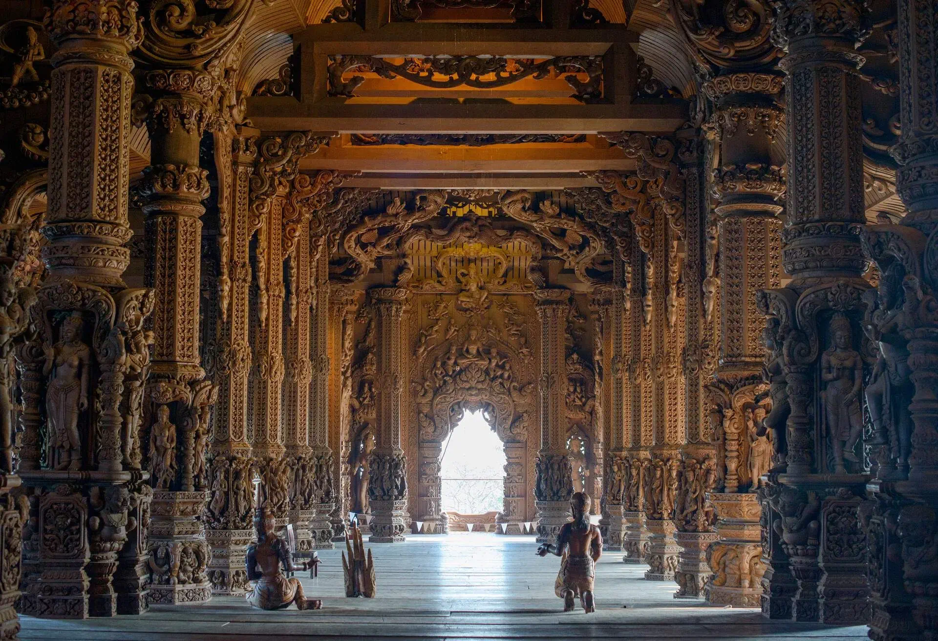 The Sanctuary of Truth made of wood interior in Pattaya, Chonburi, Thailand. Travel destinations for tourist.