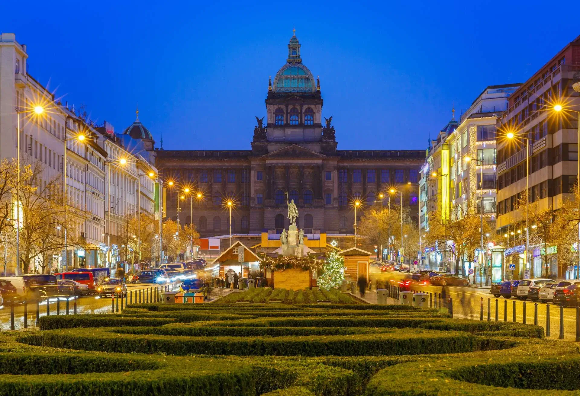 The upper part of Wenceslas Square at night, New Town of Prague, Czech Republic
