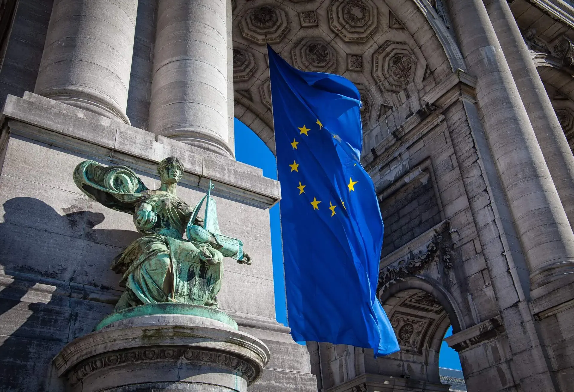 European flag waving at the arch of Jubel Park in Brussels,Belgium