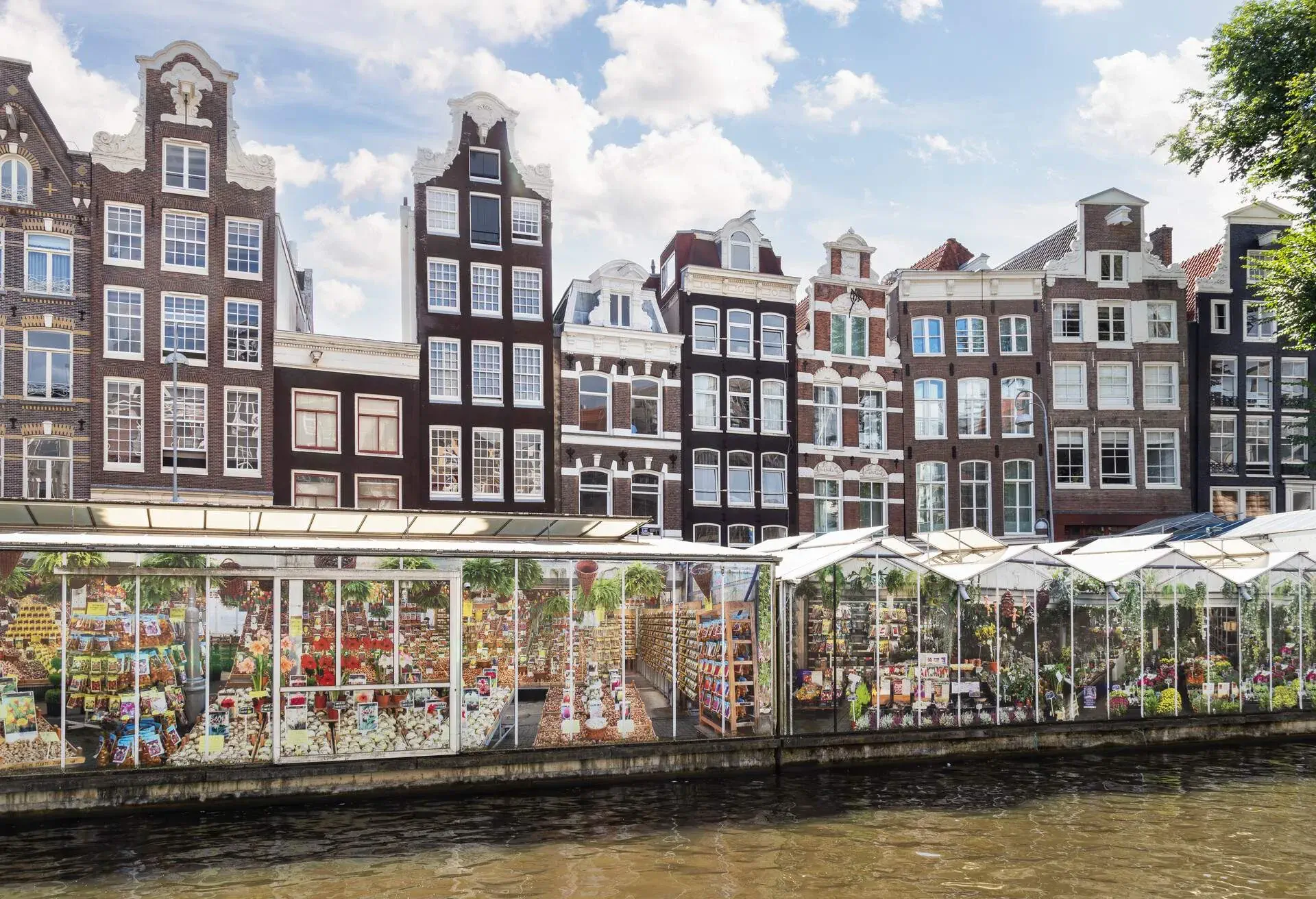Amsterdam floating flower market and tall narrow canal houses.