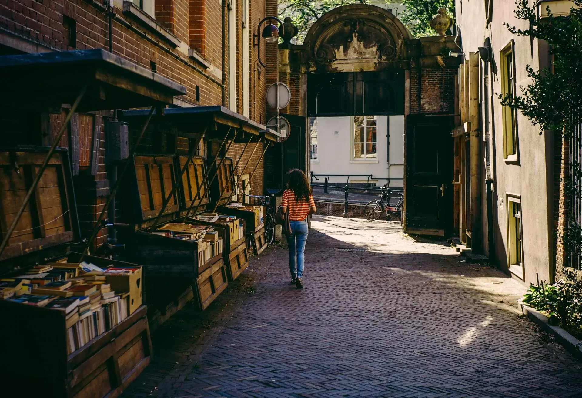Back view of young woman walking along alley with street old bookstores on its side.