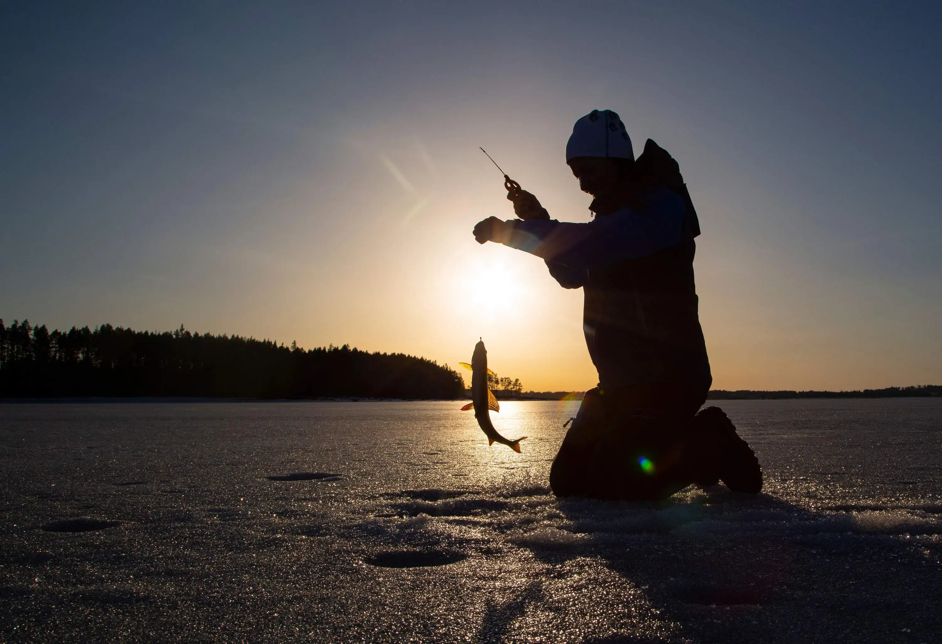 Silhouette of a person kneeling on a frozen lake holding a captured fish.
