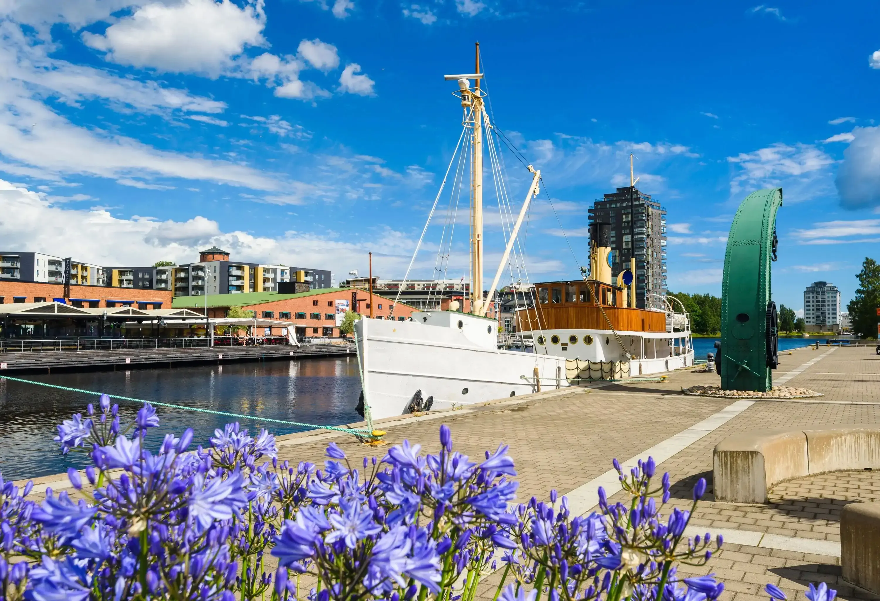Boat moored at harbour with purple summer flowers in foreground