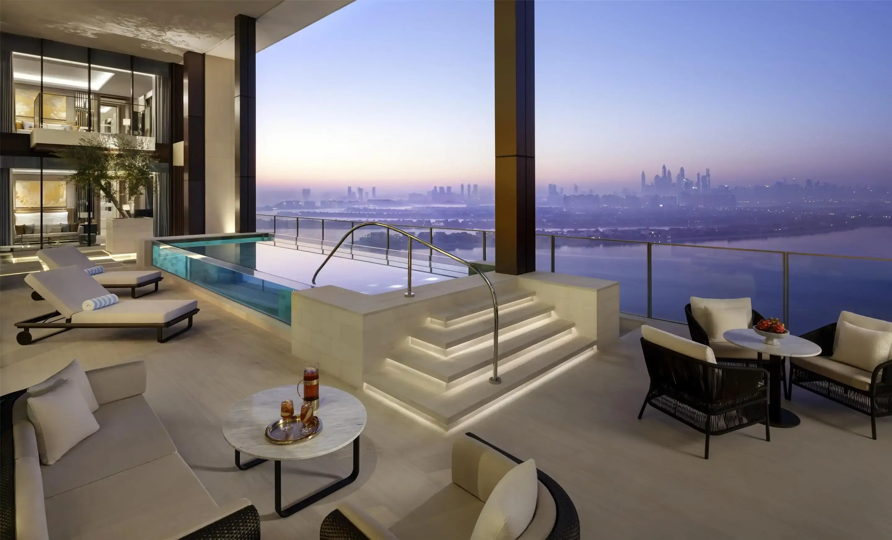 Elegant luxury hotel room with spectacular view over city from a transparent bathtub