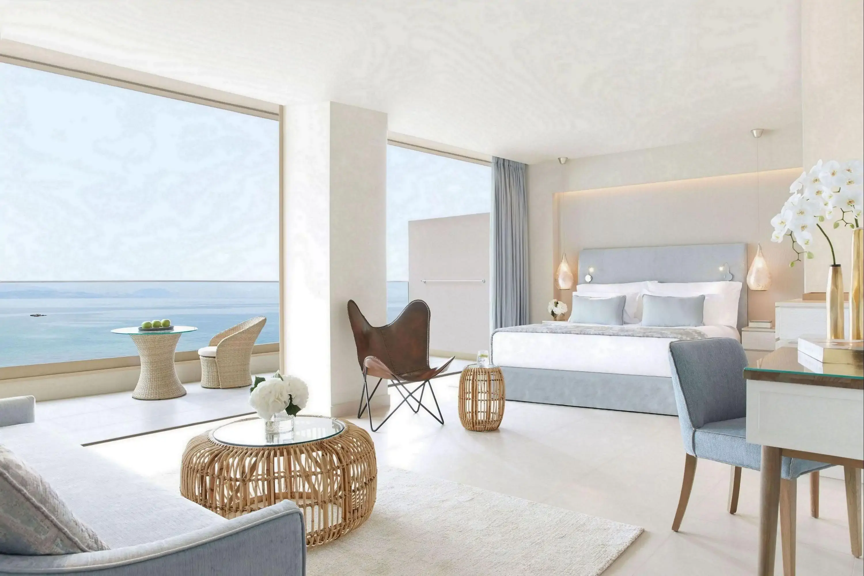 Serene modern mediterranean luxury hotel room with sea view