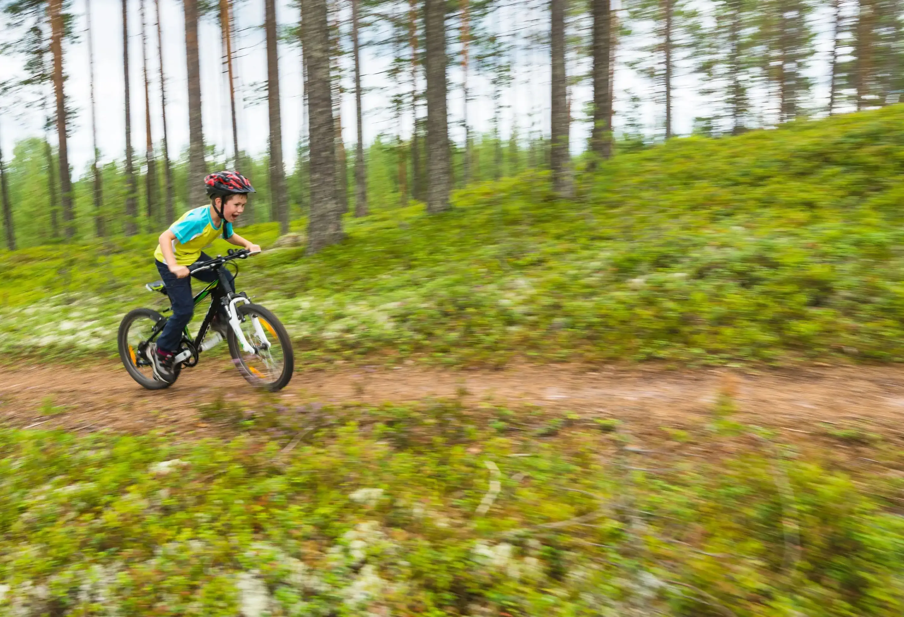 A young boy wearing helmet cycles through the forest trail.