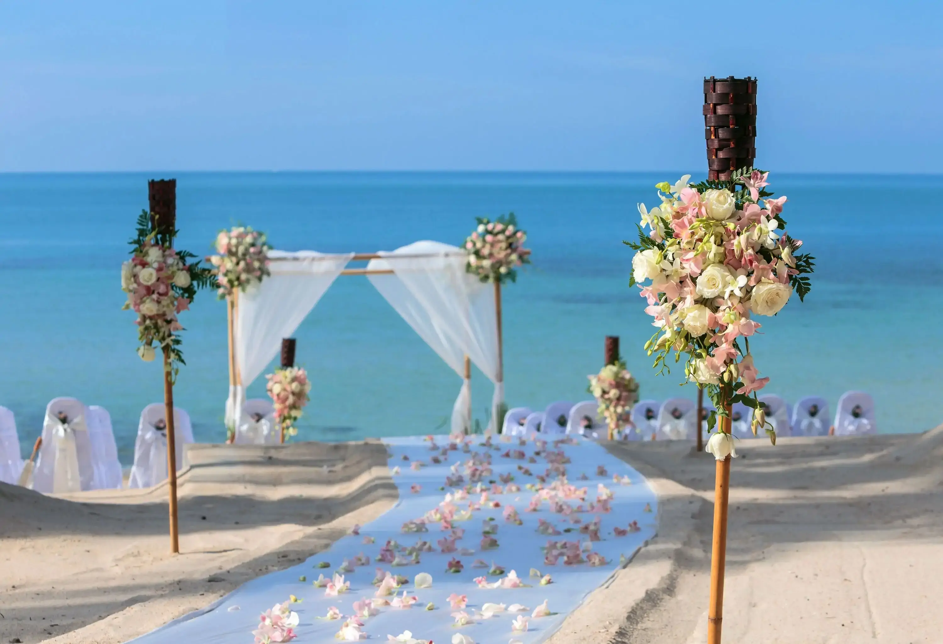 A serene and intimate wedding aisle decoration on a beach adorned with beautiful floral arrangements.