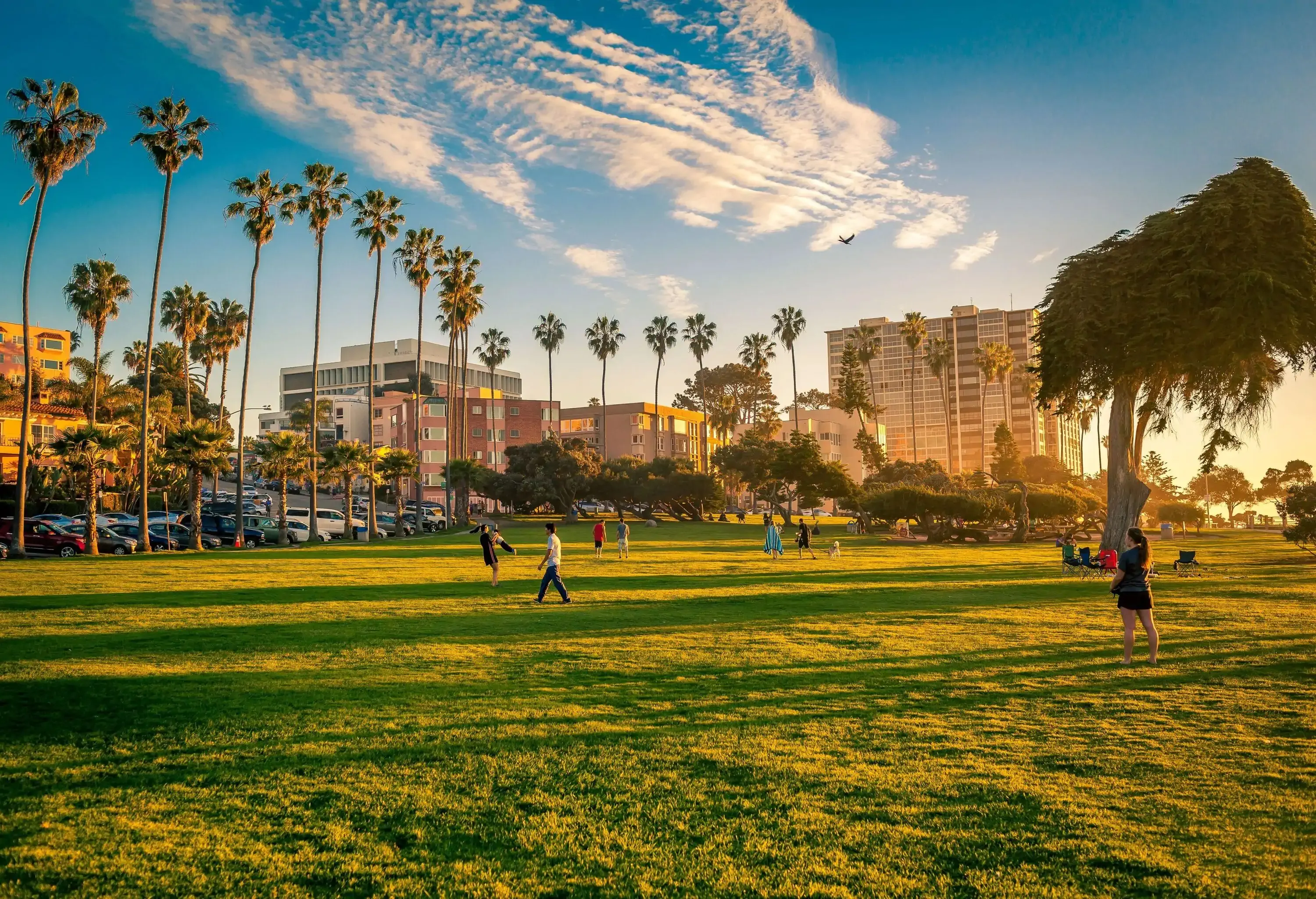 A vibrant park enveloped by lush turf invites leisurely walks as people meander amidst towering palms, while the distant city skyline provides a captivating backdrop.